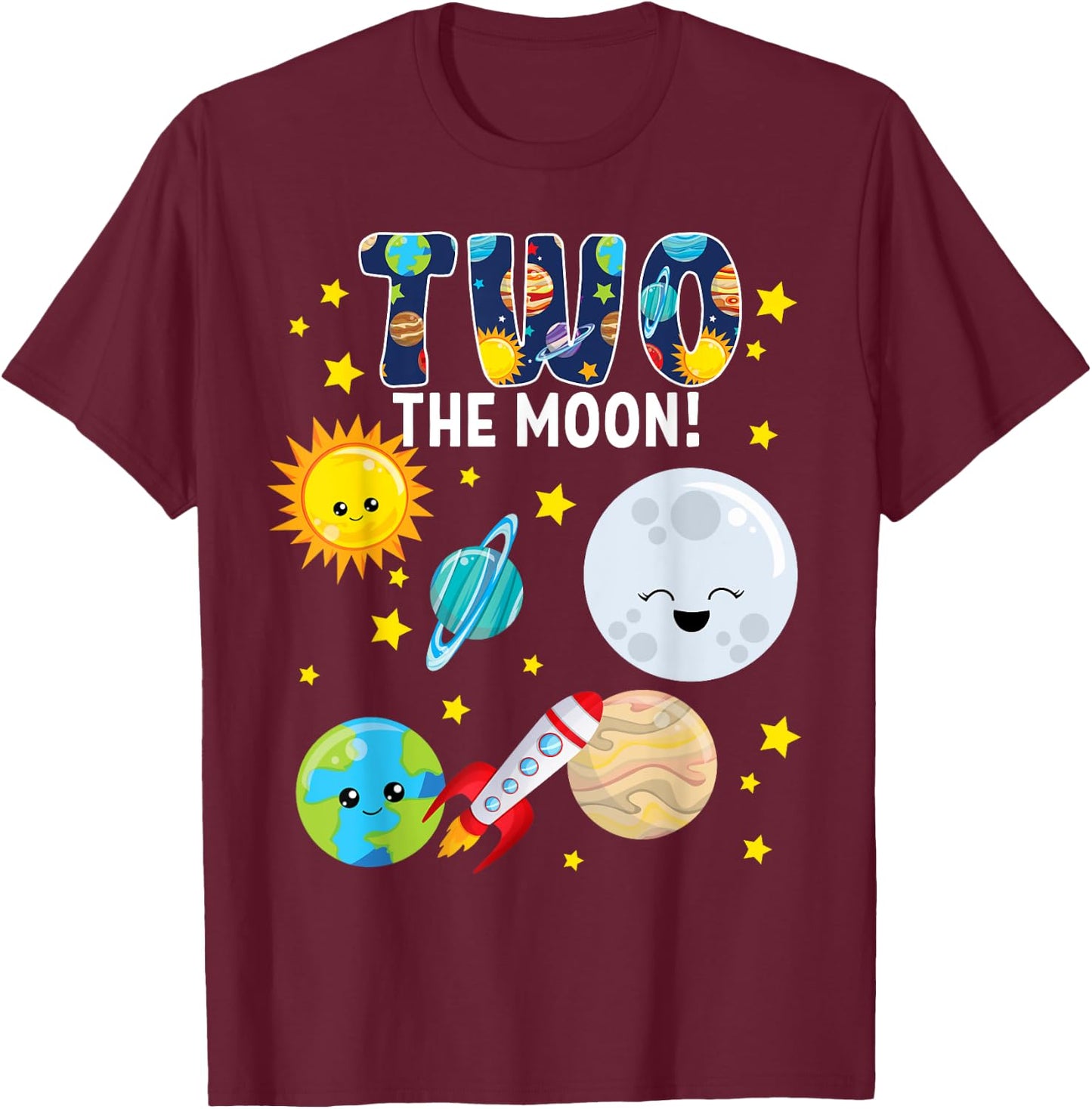 Two The Moon Outer Space 2 Year Old 2nd Birthday Party Space T-Shirt - T-Shirt | Maroon