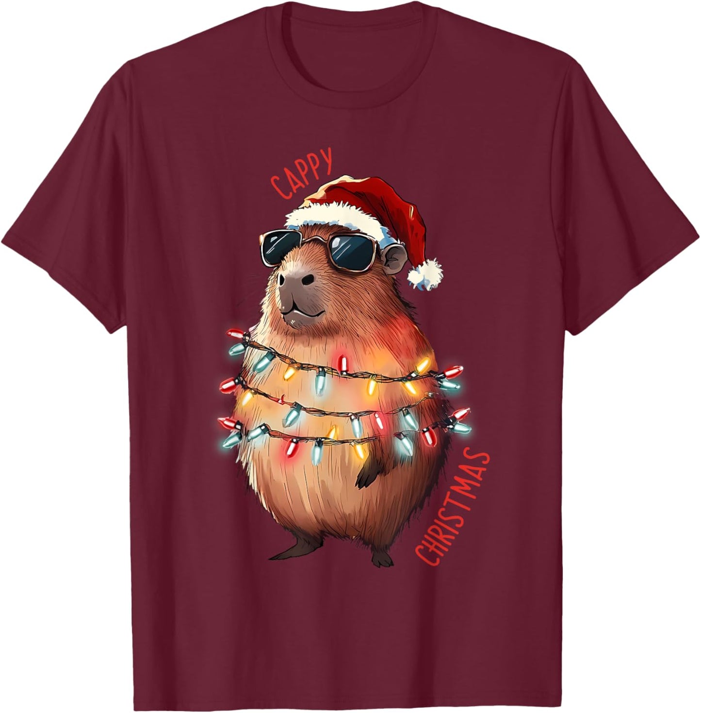 Cute Capybara Christmas Lights With sunglass Animal Lover T-Shirt - T-Shirt | Maroon