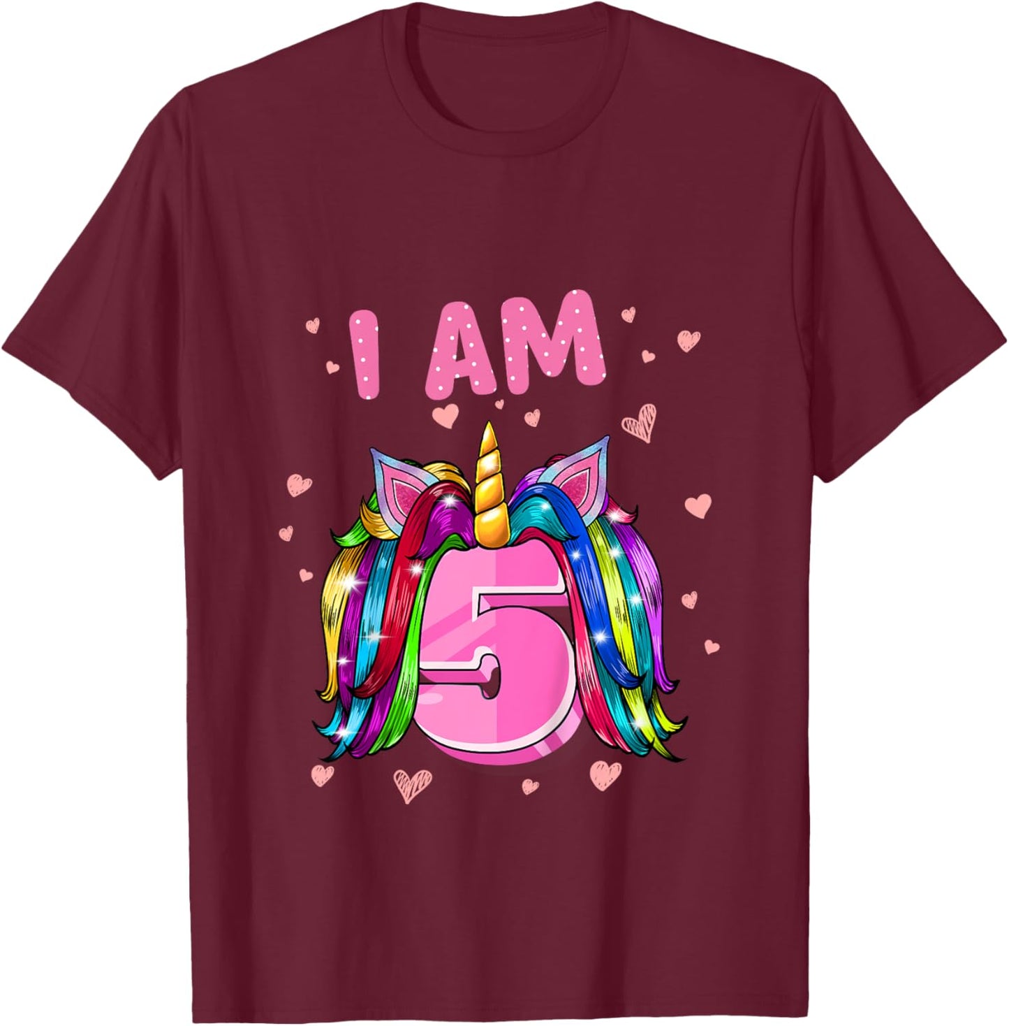 Girl 5th Birthday Unicorn I Am 5 T-Shirt - T-Shirt | Maroon