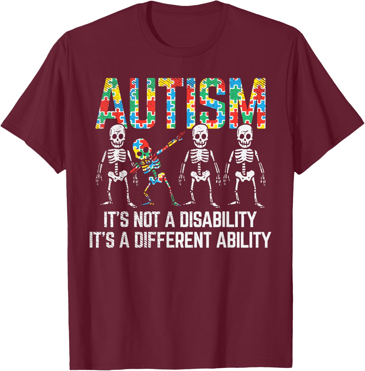 Dabbing Skeleton Not A Disability Autism Awareness Kids Boys T-Shirt - T-Shirt | Maroon