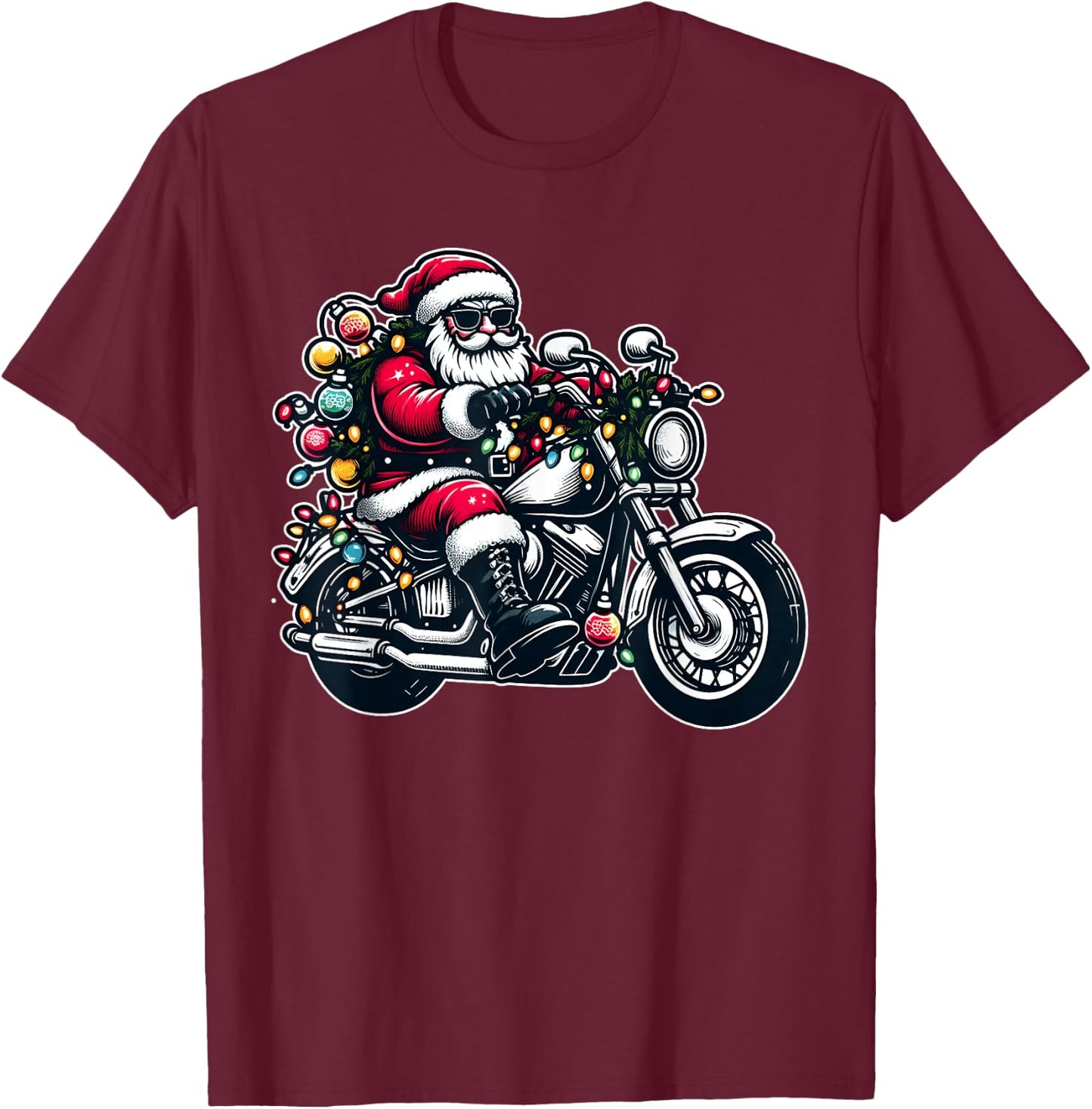 Santa Claus on Motorcycle Funny Biker Christmas Xmas Lights T-Shirt - T-Shirt | Maroon