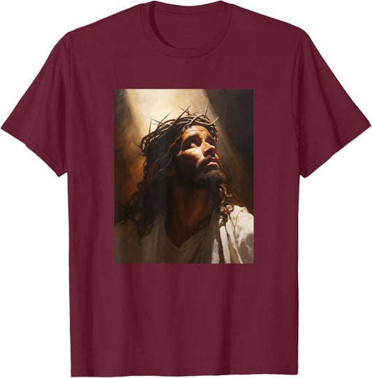 Jesus Christ In Light Wearing Crown Of Thorns Face Of Jesus T-Shirt - T-Shirt | Maroon