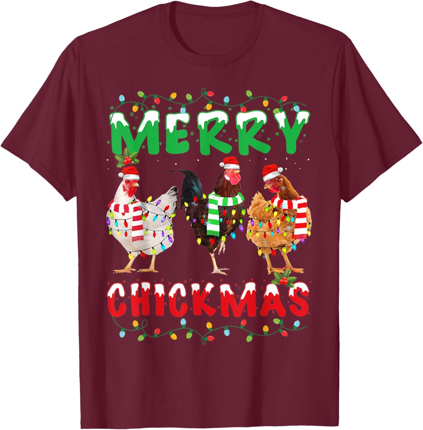 Merry Christmas Chicken Shirt Santa Hat Lights Funny Gift T-Shirt - T-Shirt | Maroon