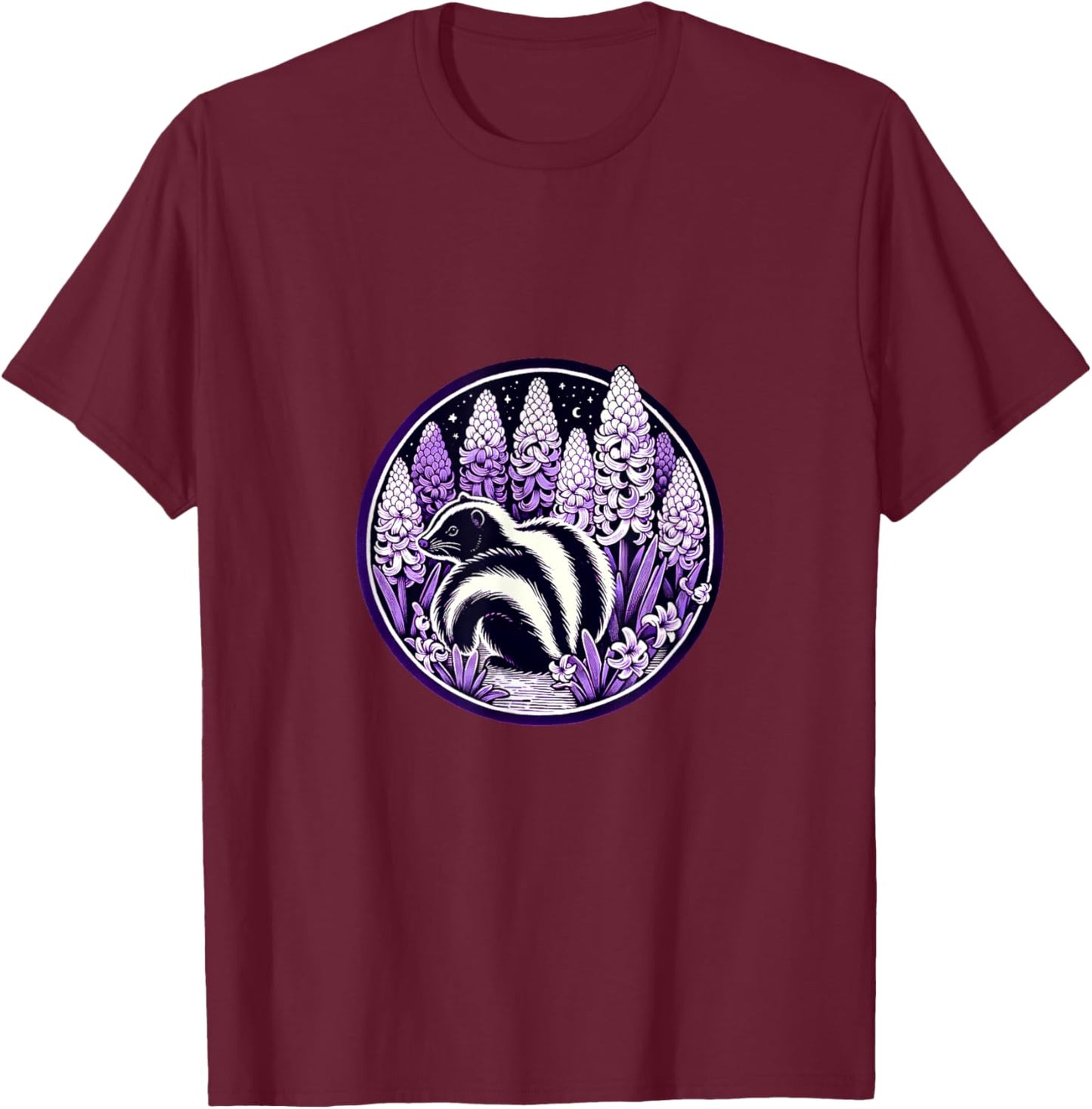 Cute Pet Skunk Art Purple Hyacinth Spring T-Shirt - T-Shirt | Maroon