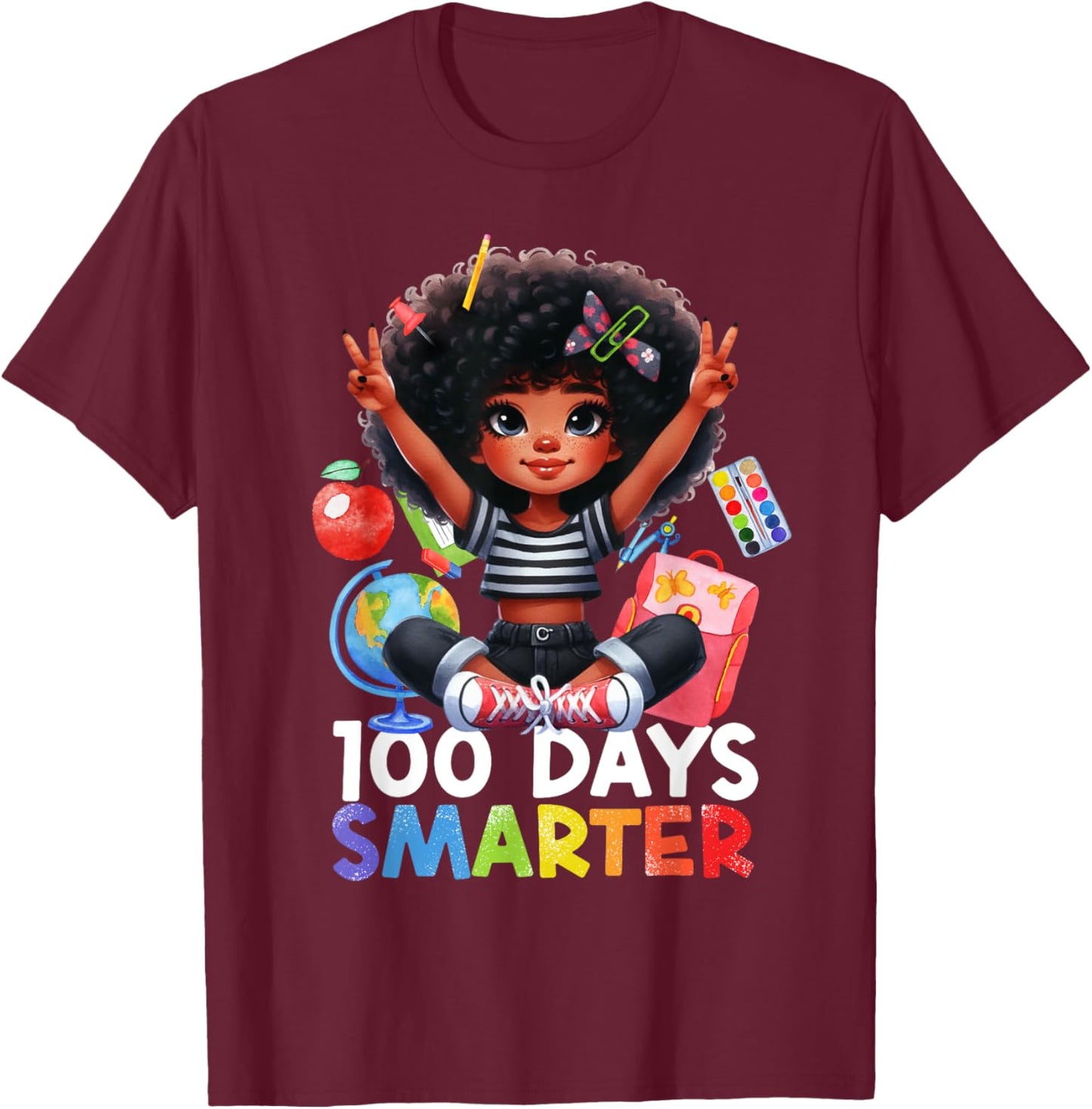 100th Day of School Afro Girls Messy Bun Hair Funny Girls T-Shirt - T-Shirt | Maroon