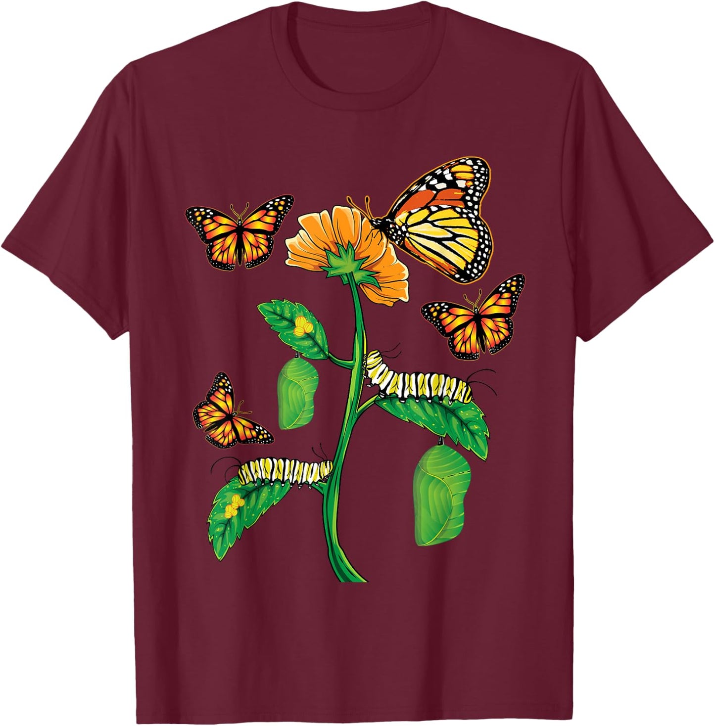 Monarch Butterfly Lover Life Cycle Metamorphosis Caterpillar T-Shirt - T-Shirt | Maroon
