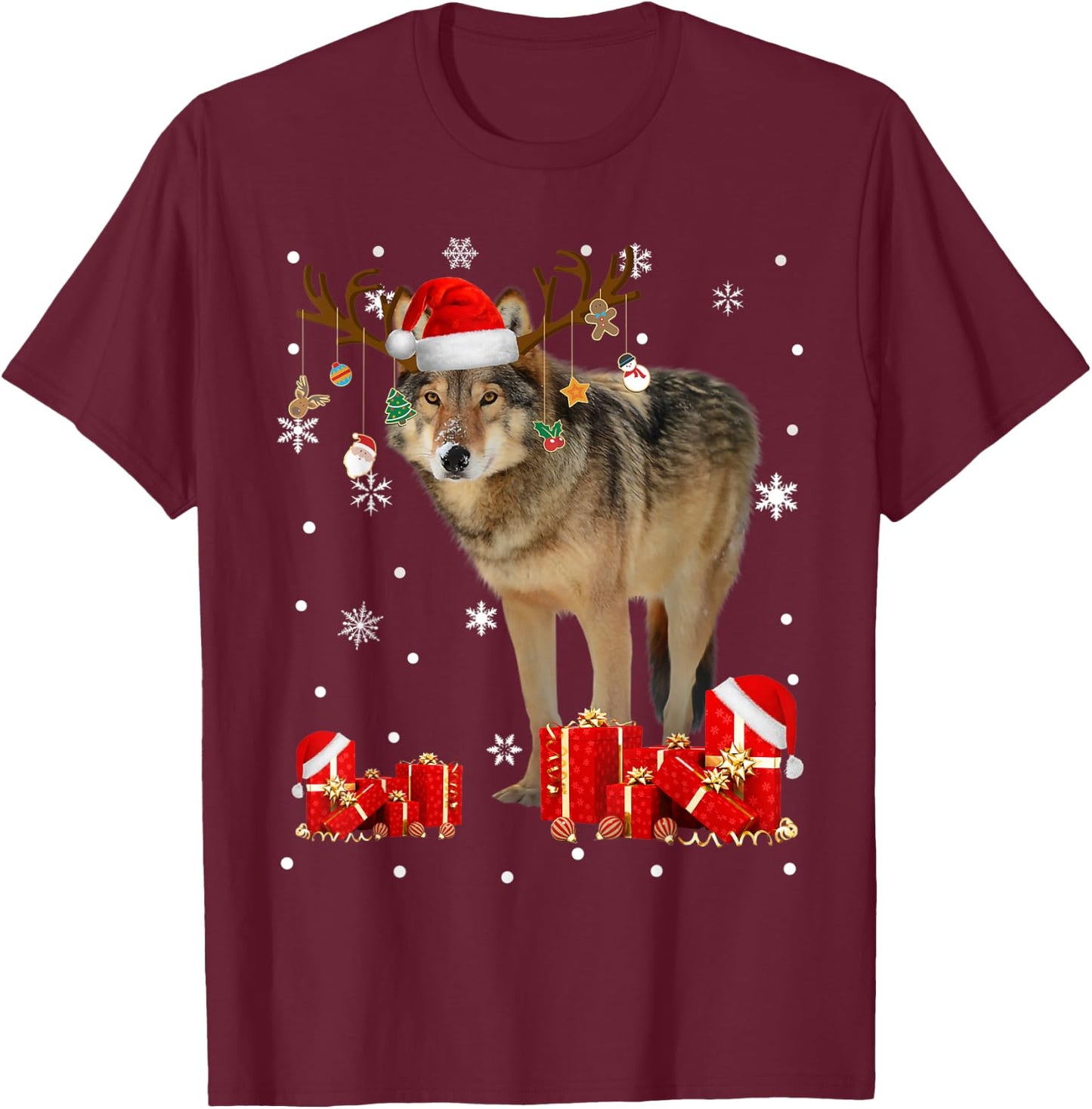 Christmas Wolf Funny Santa Reindeer Wolf Lover Gifts T-Shirt - T-Shirt | Maroon