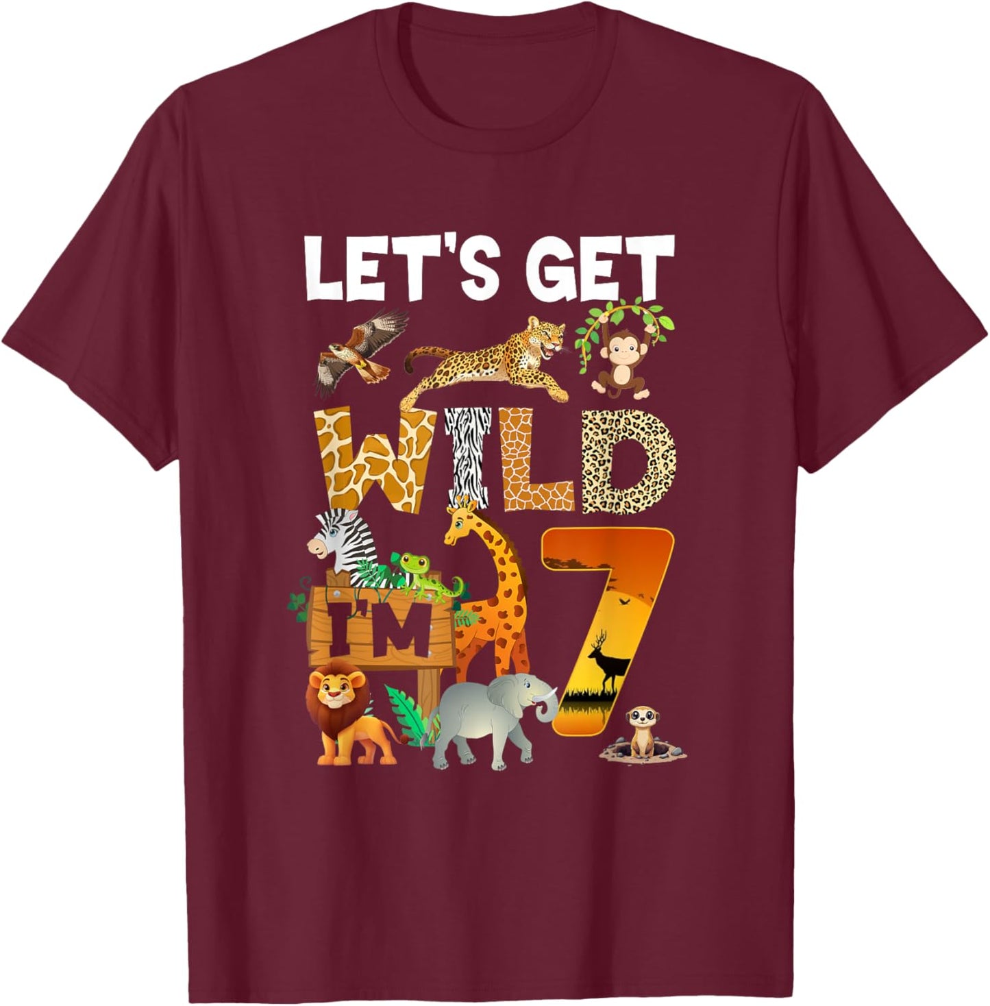 7 Year Old Zoo Birthday Safari Jungle Animal 7Th Bday T-Shirt - T-Shirt | Maroon