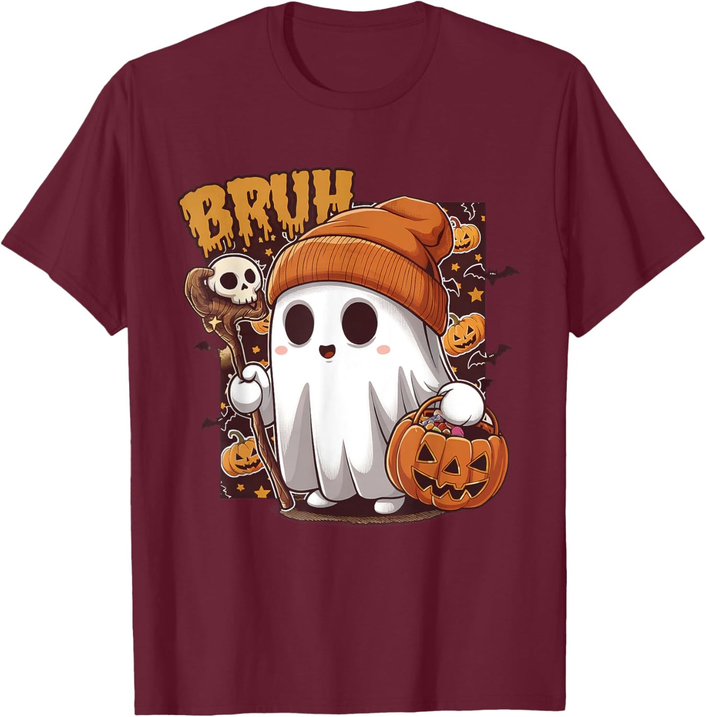Bruh Ghost Happy Halloween Trick Or Treat Pumpkin Candy Kids T-Shirt - T-Shirt | Maroon