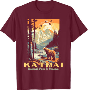 Katmai National Park Vintage WPA Poster Style Alaska Bear T-Shirt - T-Shirt | Maroon