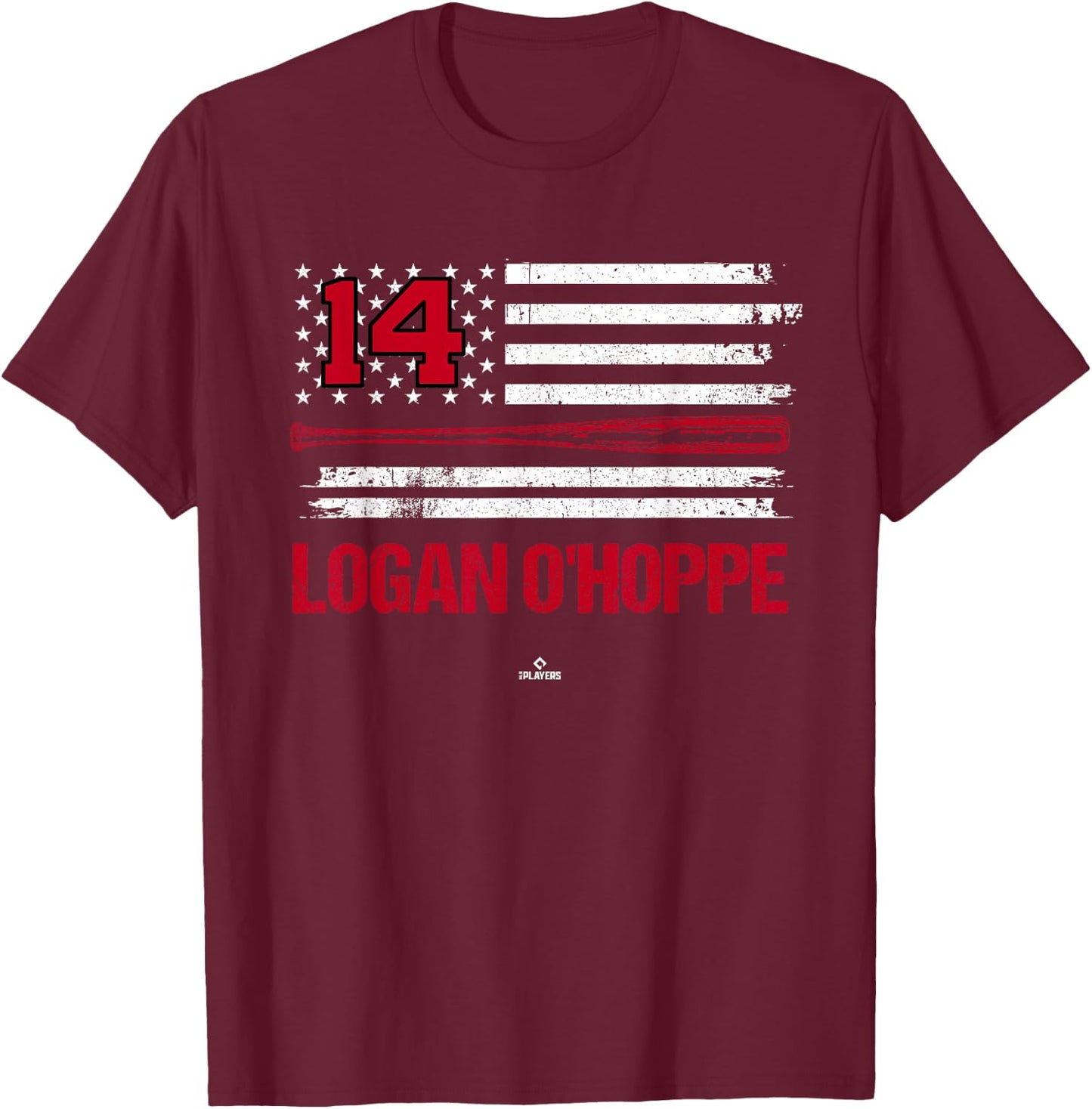 USA Flag Bat Logan O'Hoppe Los Angeles Baseball MLBPA T-Shirt - T-Shirt | Maroon