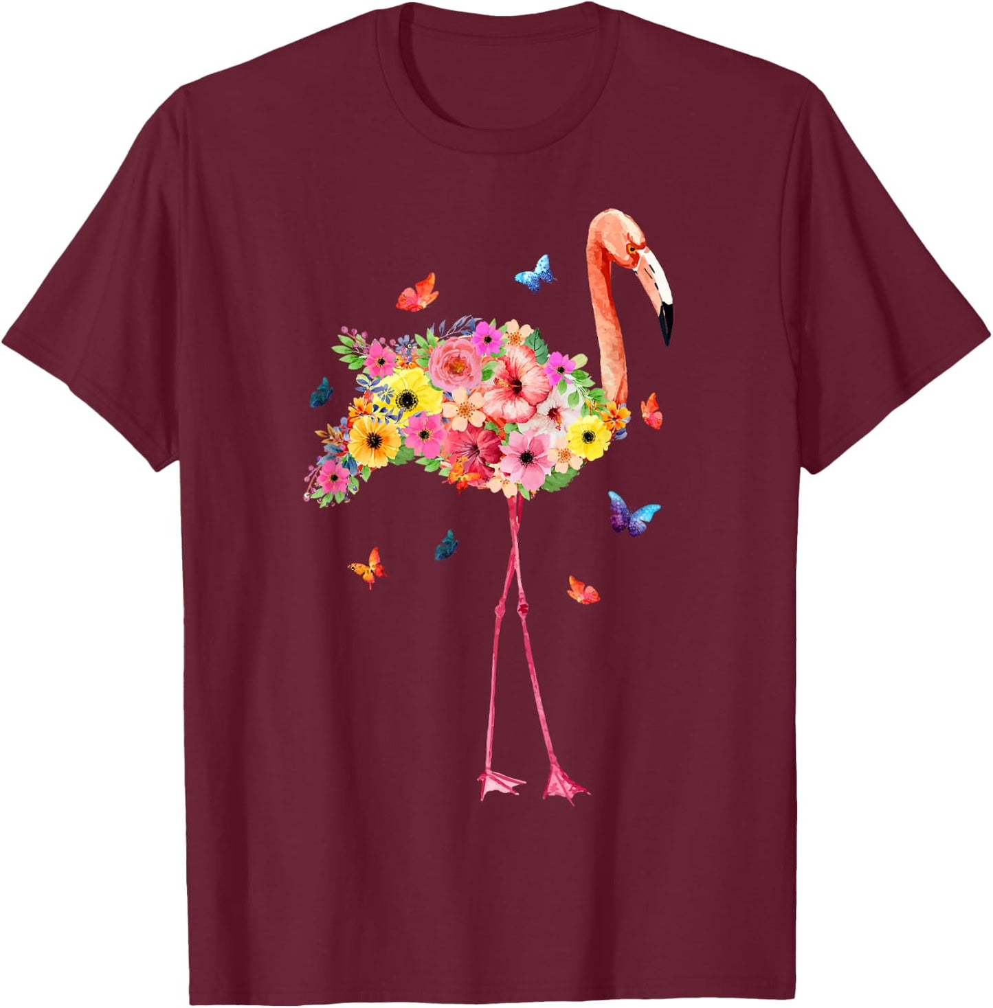Pink Flamingo Watercolor Tropical Hawaiian Flowers Floral T-Shirt - T-Shirt | Maroon