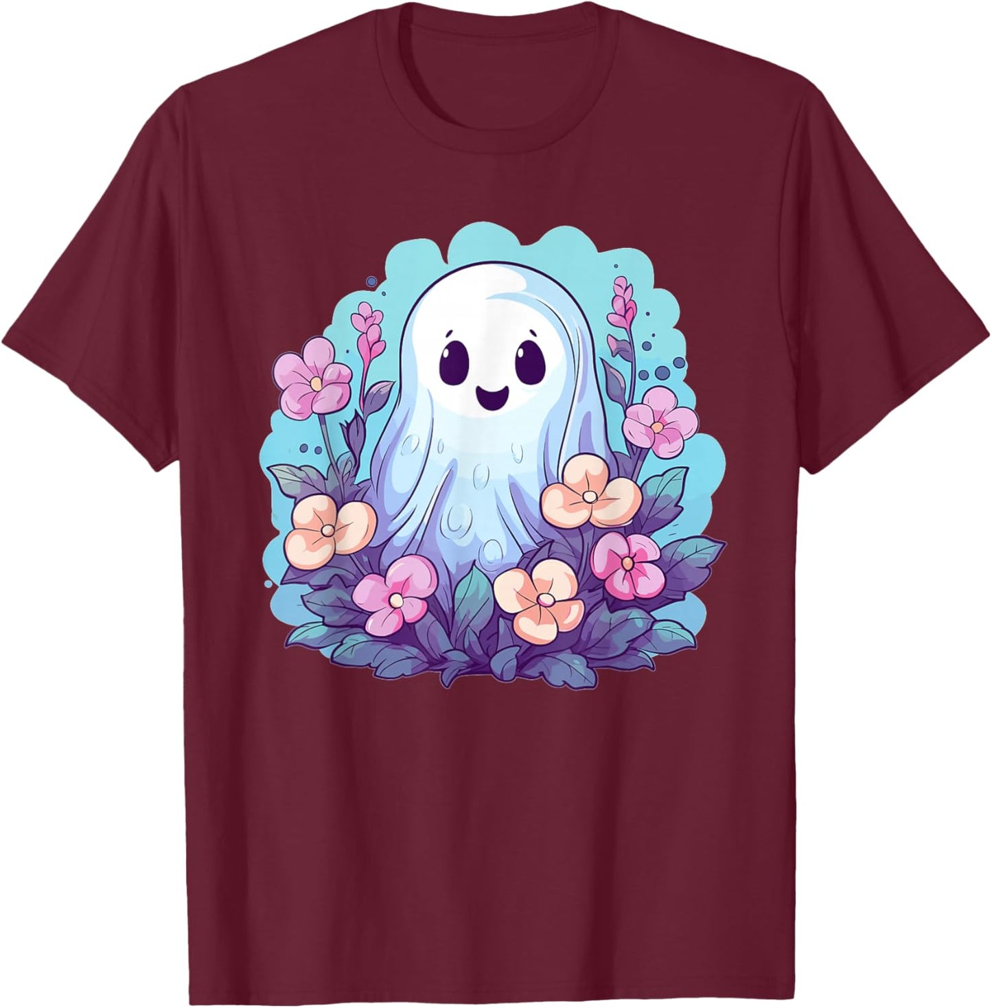 Cute Ghost With Flowers I Kids Ghost T-Shirt - T-Shirt | Maroon