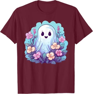 Cute Ghost With Flowers I Kids Ghost T-Shirt - T-Shirt | Maroon