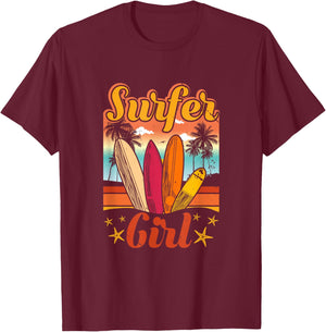 Surfer Girl Beach Retro 70s Vintage Surfing Vacation Summer T-Shirt - T-Shirt | Maroon