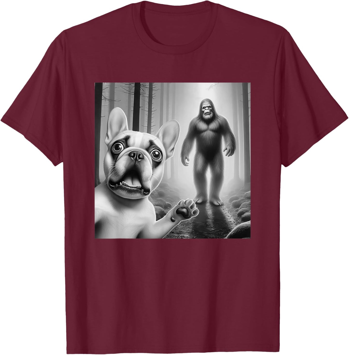 Funny French bulldog Selfie with bigfoot sasquatch Women Kids T-Shirt - T-Shirt | Maroon