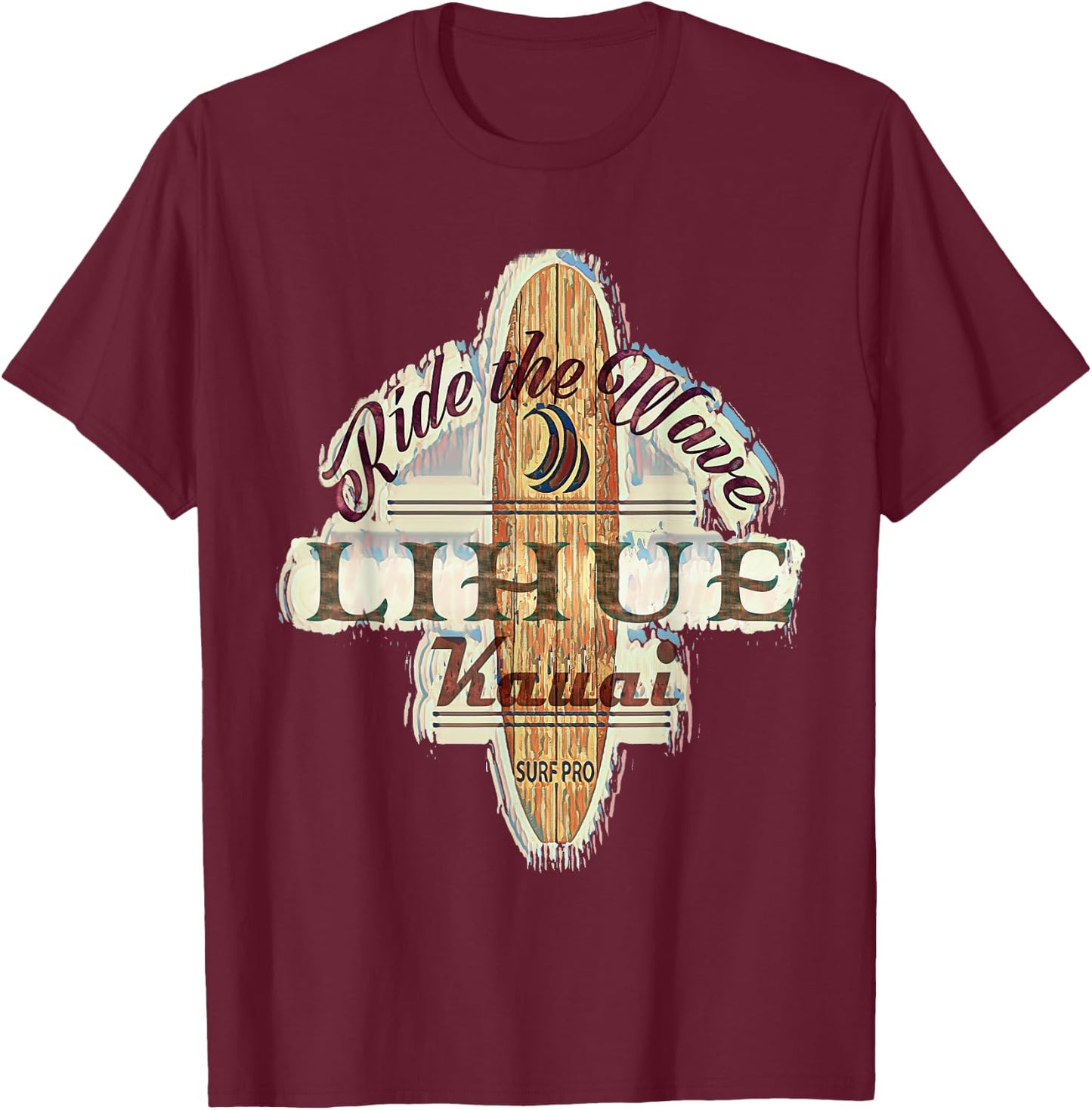 Surfing, Surfboard, Distressed Longboard Lihue Kauai T-Shirt - T-Shirt | Maroon