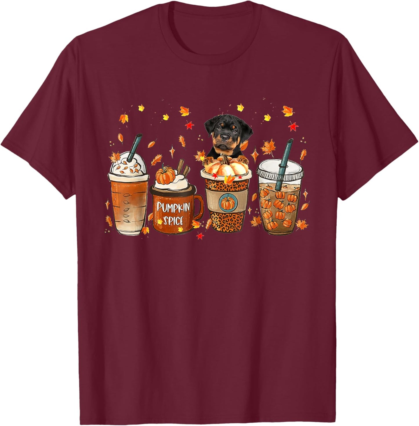 Rottweiler Fall Coffee Pumpkin Spice Latte Iced Autumn T-Shirt - T-Shirt | Maroon