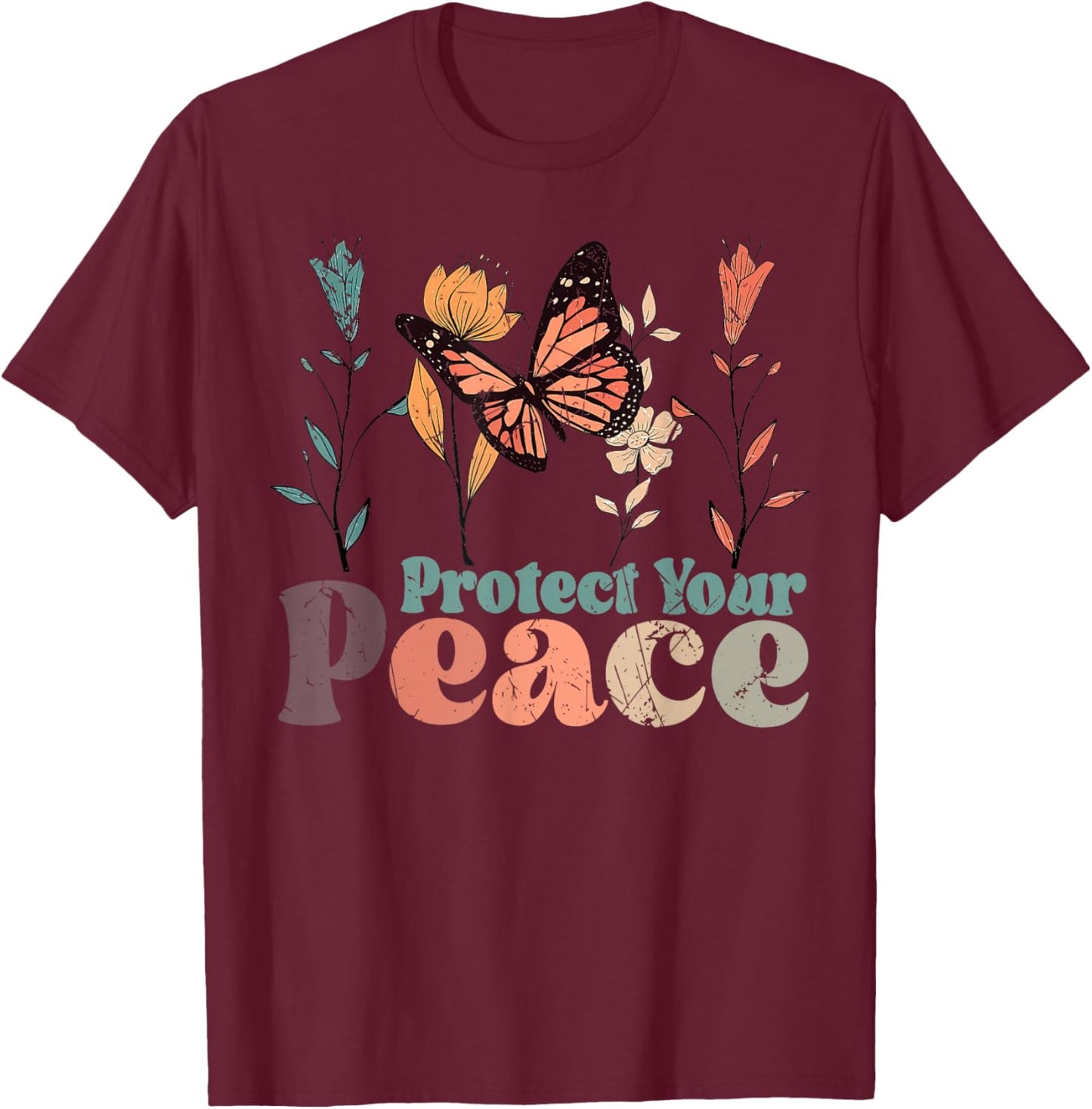 Vintage Flower Protect Your Peace Mental Health Awareness T-Shirt - T-Shirt | Maroon