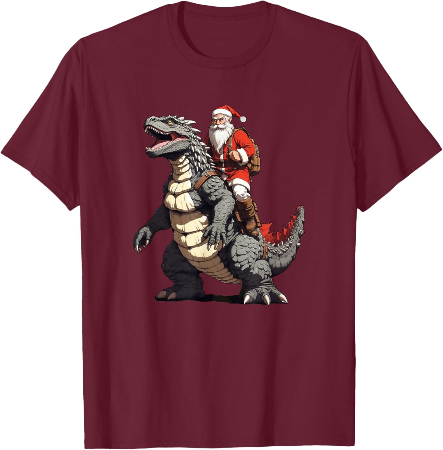 Santa Riding The Japanese Monster Kaiju for Christmas T-Shirt - T-Shirt | Maroon
