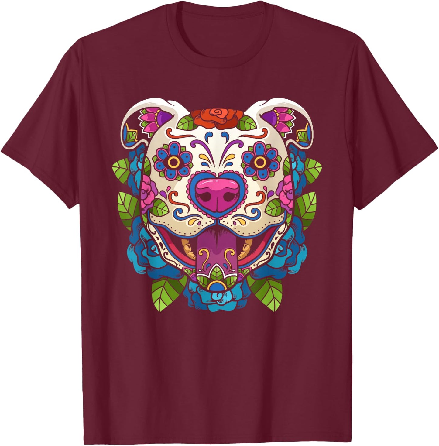 Pit Bull Sugar Skull Mexico Dog Calavera Dia De Los Muertos T-Shirt - T-Shirt | Maroon