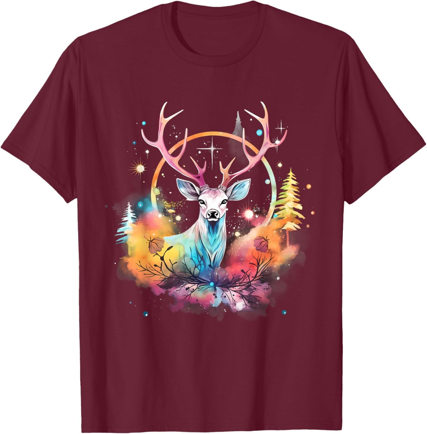 Deer Colourful Floral Motif Forest Nature Animal Lovers T-Shirt - T-Shirt | Maroon