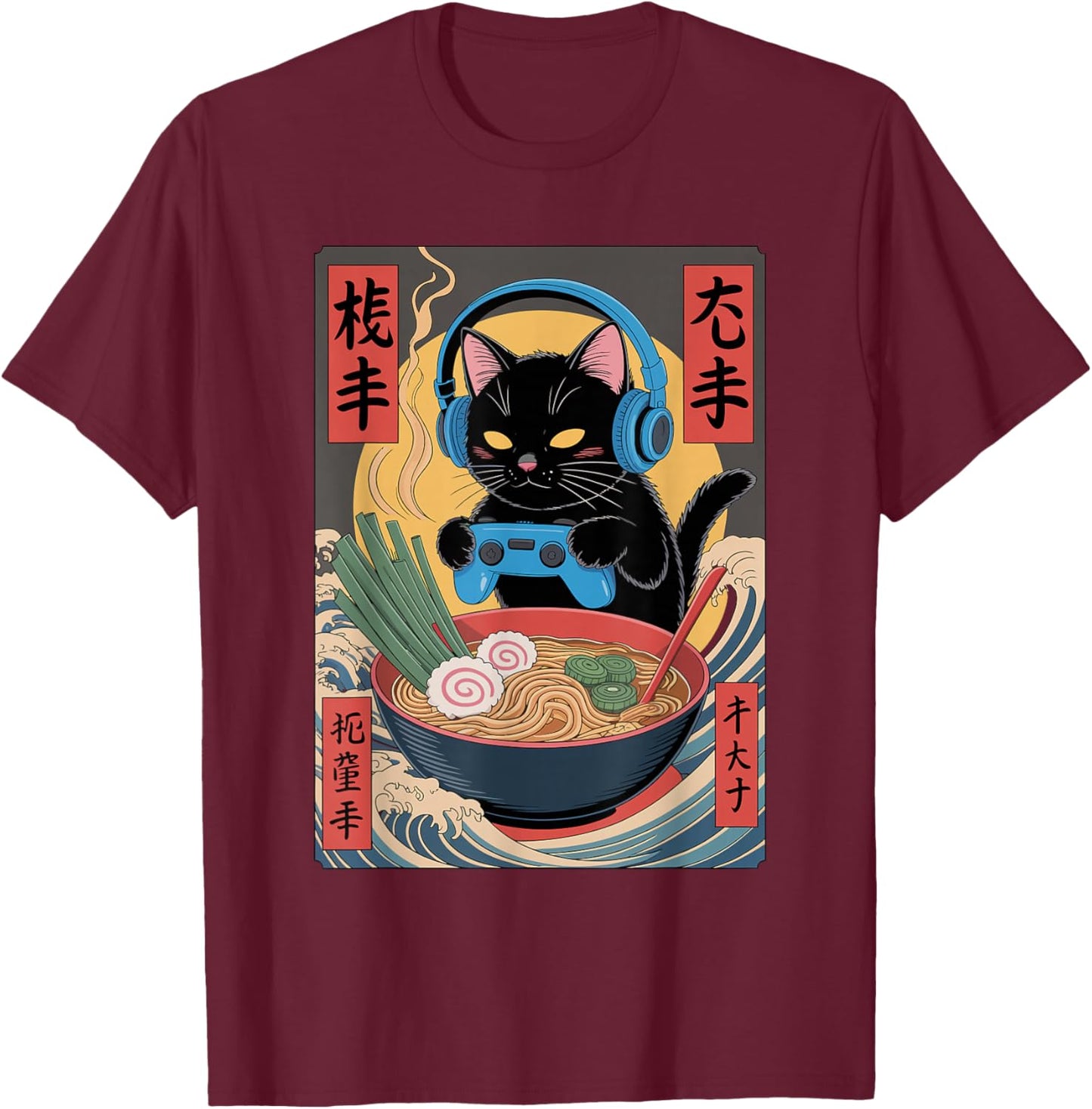 Cute Kawaii Gamer Cat Funny Ramen Retro Japanese Cat Gaming T-Shirt - T-Shirt | Maroon