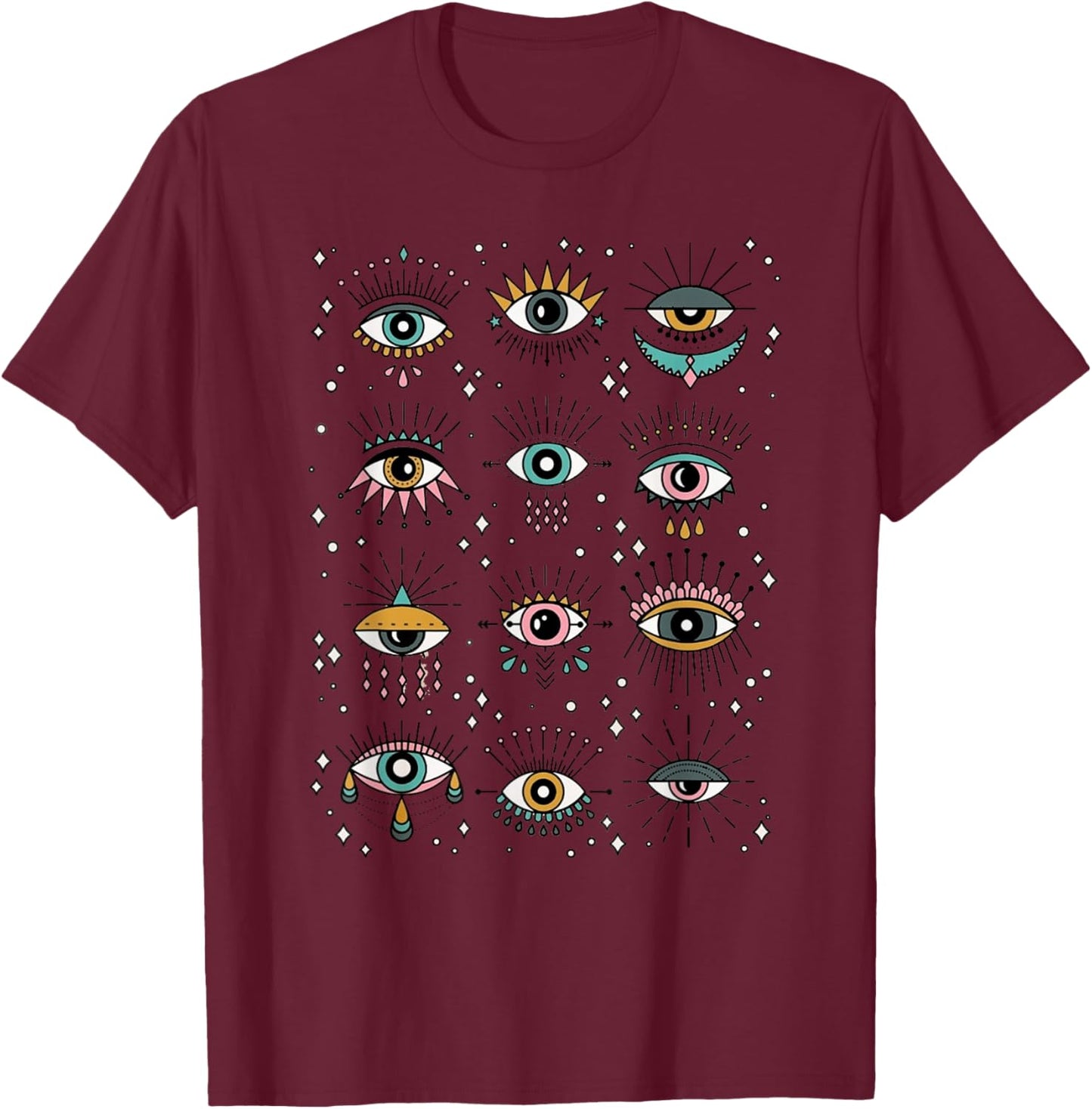 Colorful Squint And Closed Evil Eye Eyelashes Nazar Mati T-Shirt - T-Shirt | Maroon
