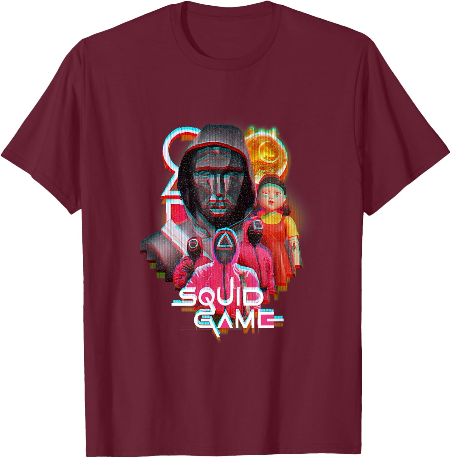 Squid Game 2 Front Man & Henchmen Glitch Logo T-Shirt - T-Shirt | Maroon