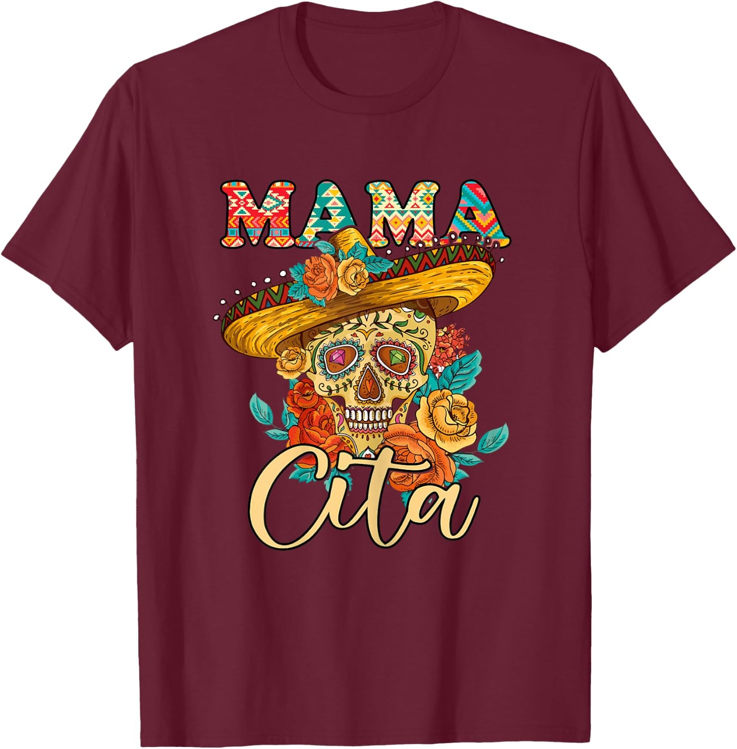 Dia De Los Muertos Mamacita Sugar Skull Day of Dead Mexican T-Shirt - T-Shirt | Maroon