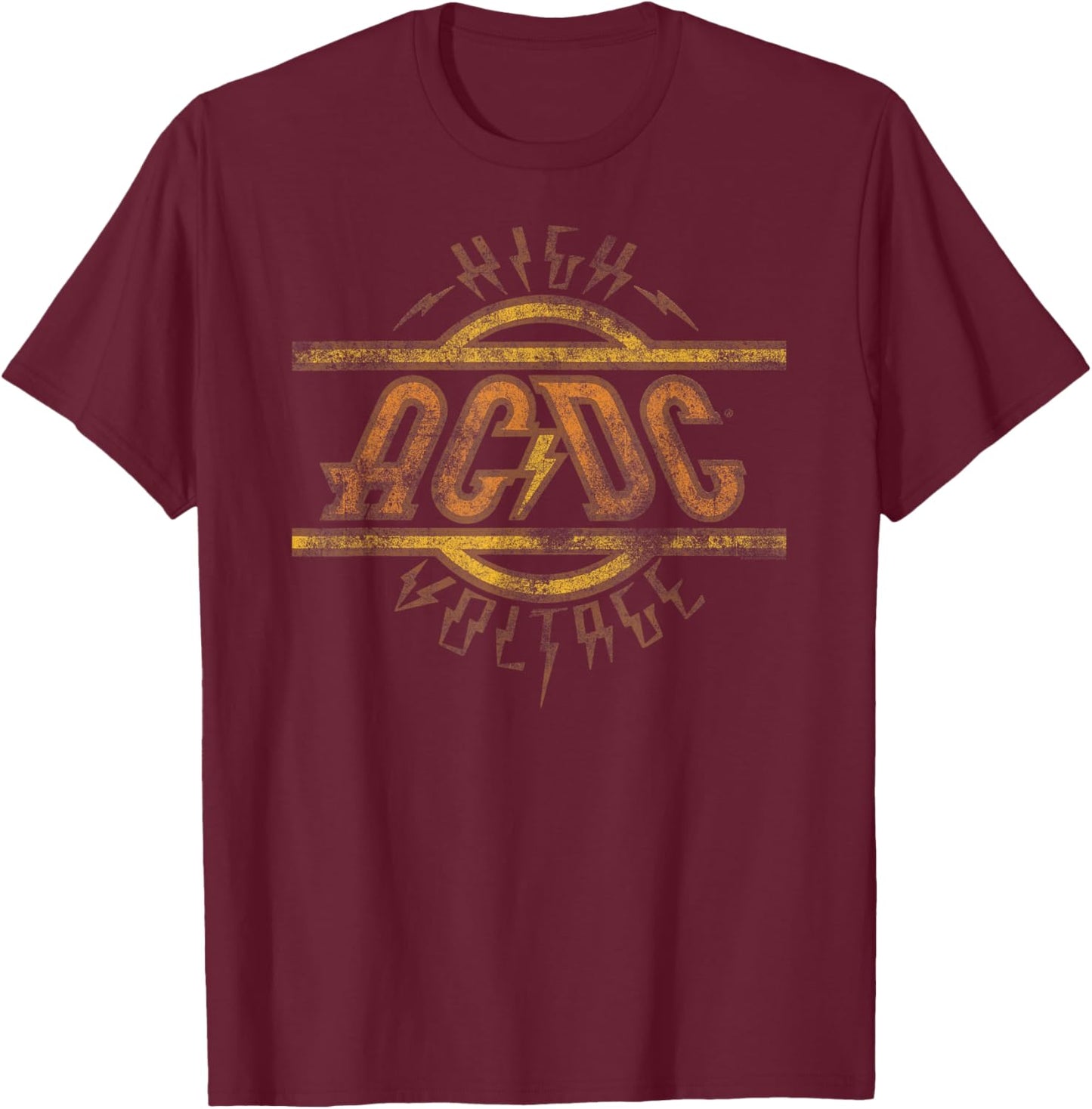 Official AC/DC High Voltage Logo Distressed Vintage Band T-Shirt - T-Shirt | Maroon