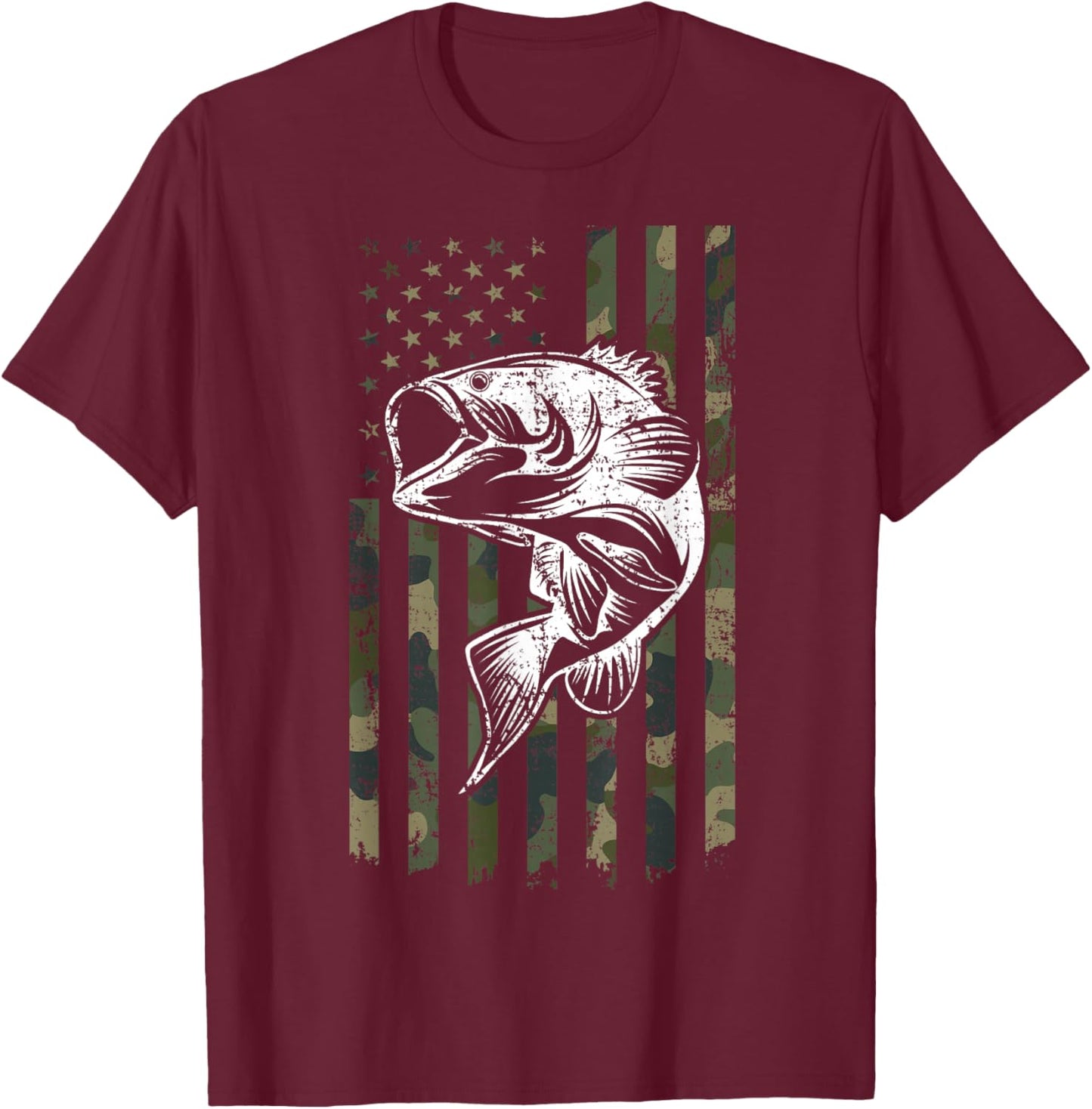 Large mouth Bass Fishing Camo American Flag USA Fisherman T-Shirt - T-Shirt | Maroon
