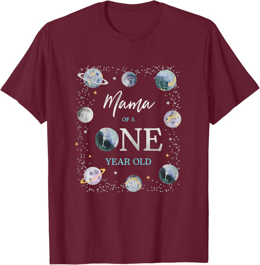 Mama Houston We Have A One Year Old Space Theme 1st Birthday T-Shirt - T-Shirt | Maroon