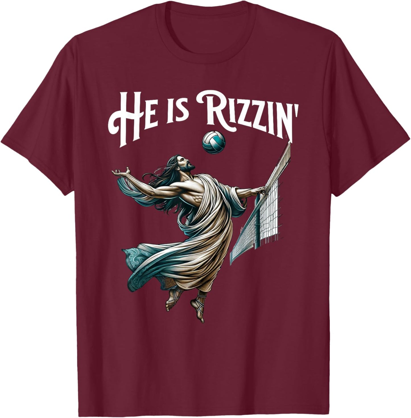He is Rizzin Jesus Playing Volleyball Funny Sports Rizz T-Shirt - T-Shirt | Maroon