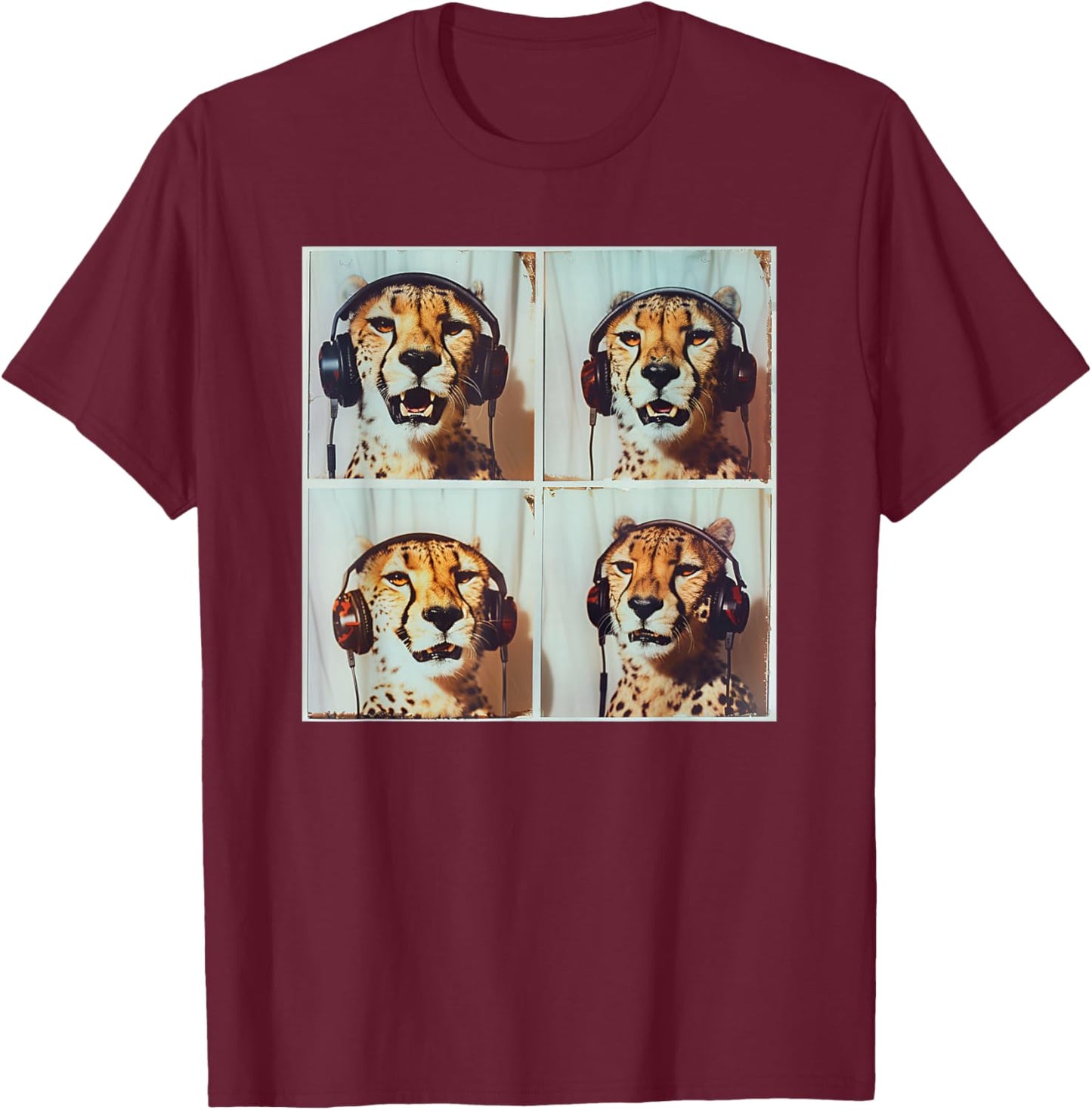 DJ Cheetah With Headphones Photobooth Cool Safari Cheetah T-Shirt - T-Shirt | Maroon