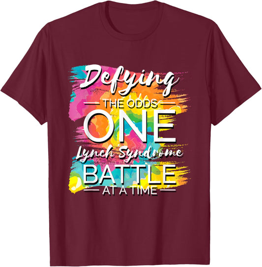 Lynch Syndrome Awareness & Survivor Designs Defying The Odds One Lynch Syndrome Fighter - -Adults, Black, Small, Short Sleeve T-Shirt - T-Shirt | Maroon