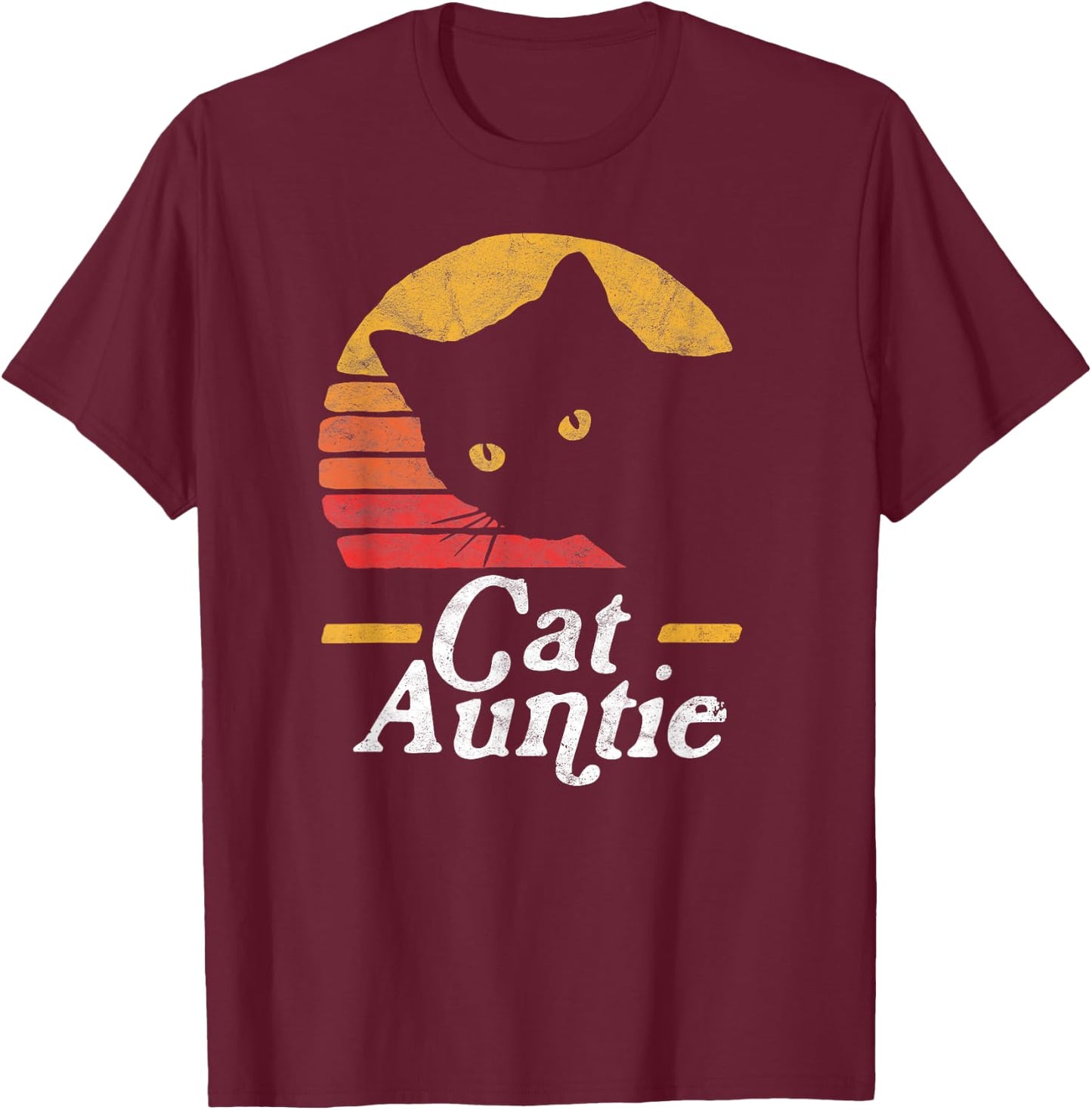 Cat Aunt Vintage Eighties Style Sun Cat Retro Distressed T-Shirt - T-Shirt | Maroon