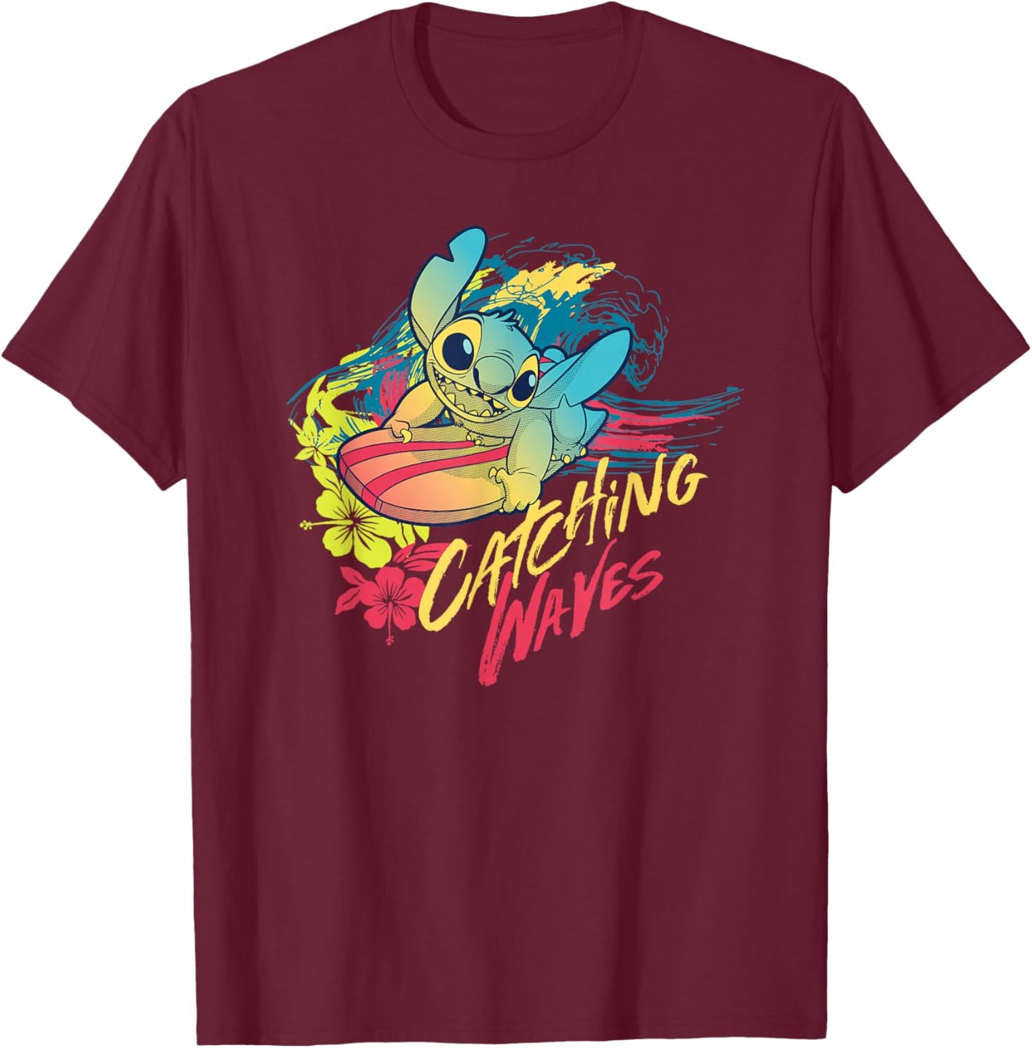 Disney Lilo & Stitch Beach Vibes Surfing Catching Waves T-Shirt - T-Shirt | Maroon