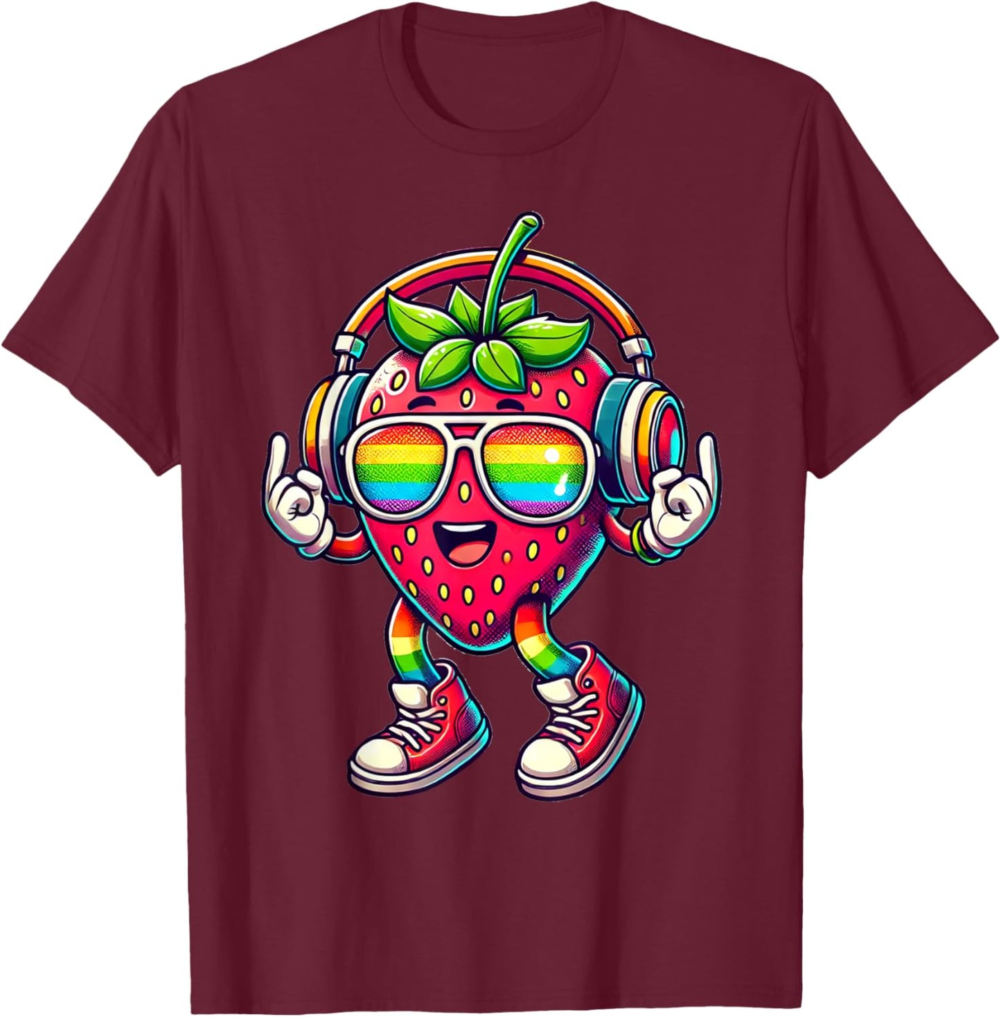 Erdbeere Kopfhörer | Lustige Retro Erdbeere mit Kopfhörern T-Shirt - T-Shirt | Maroon
