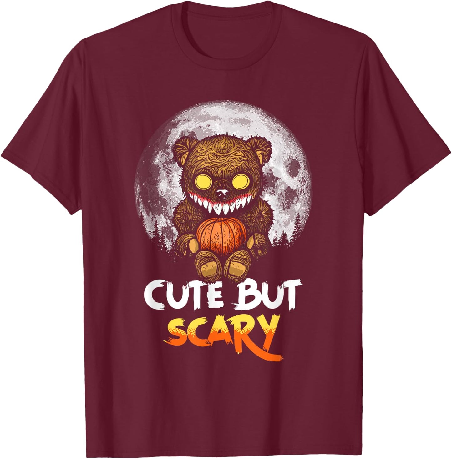 Cute But Scary Horror Zombie Teddy Bear Full Moon Halloween T-Shirt - T-Shirt | Maroon