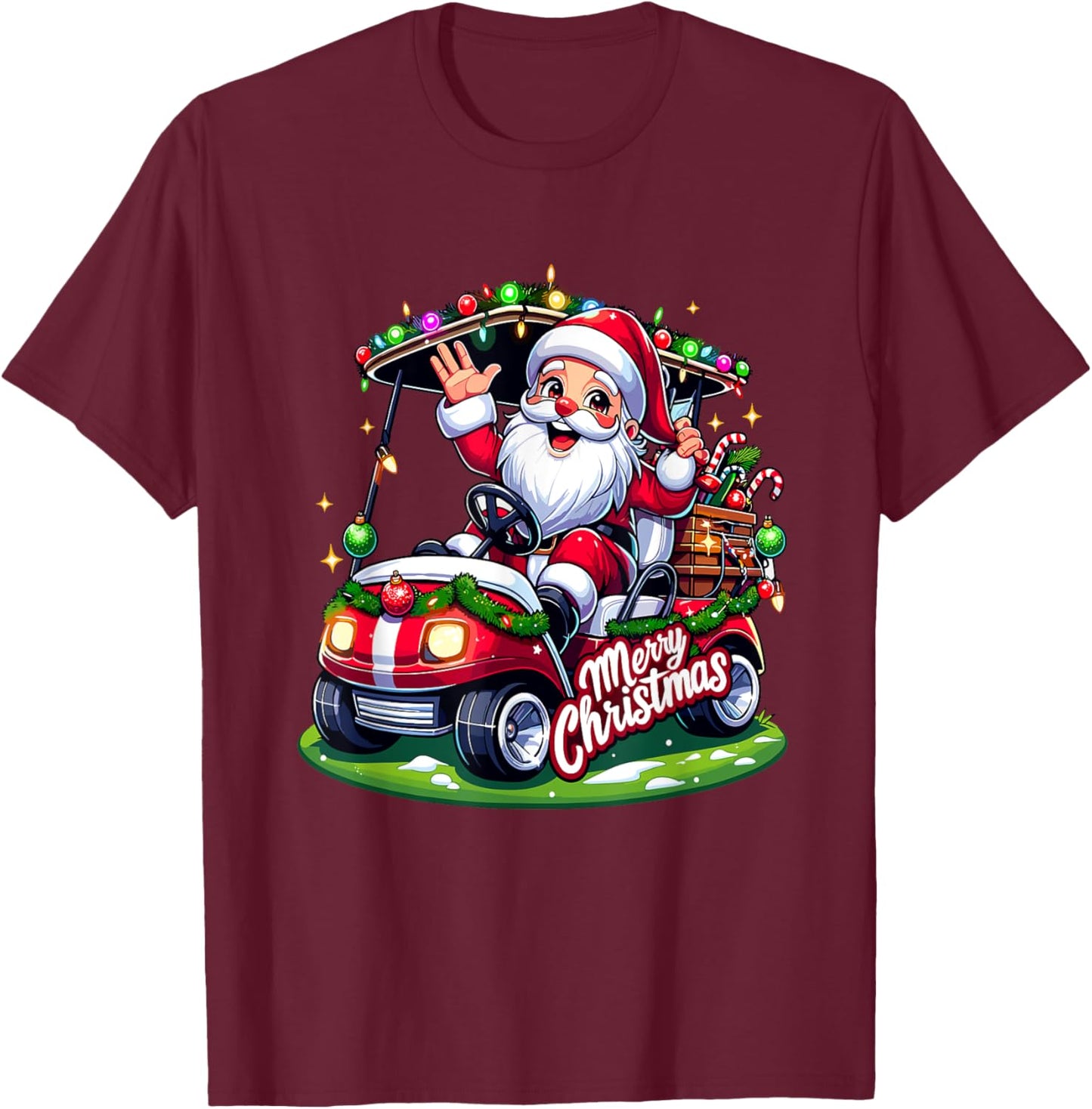 Santa Claus Golf Cart Merry Christmas Festive Xmas Holiday T-Shirt - T-Shirt | Maroon