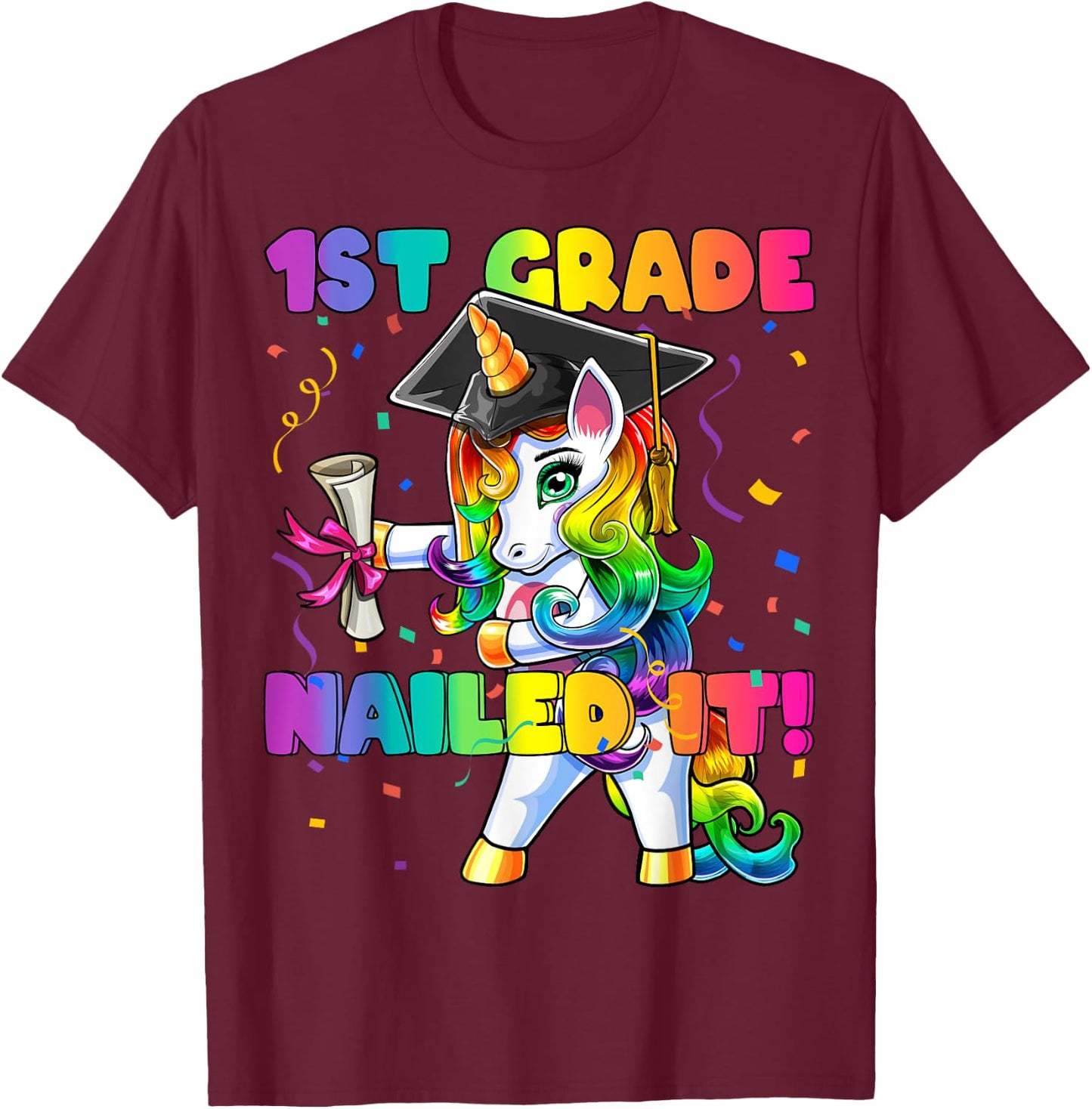 Flossing Unicorn 1st Grade Graduation Cap Diploma Gift Girls T-Shirt - T-Shirt | Maroon