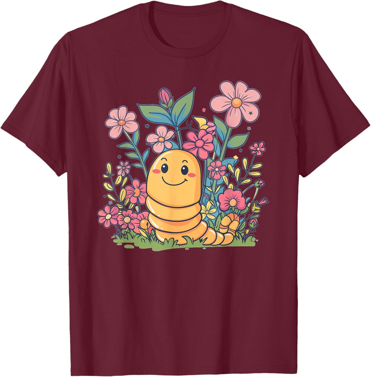 Cute Worm With Flowers I Kids Worm T-Shirt - T-Shirt | Maroon