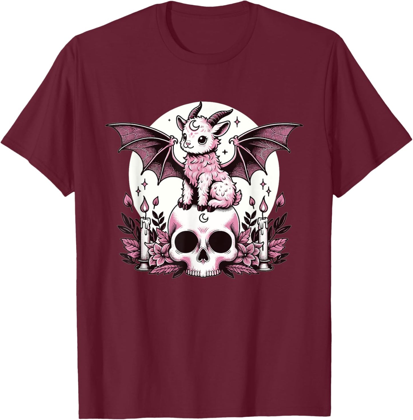 Kawaii Pastel Goth Cute Creepy Goat Bat Skeleton T-Shirt - T-Shirt | Maroon