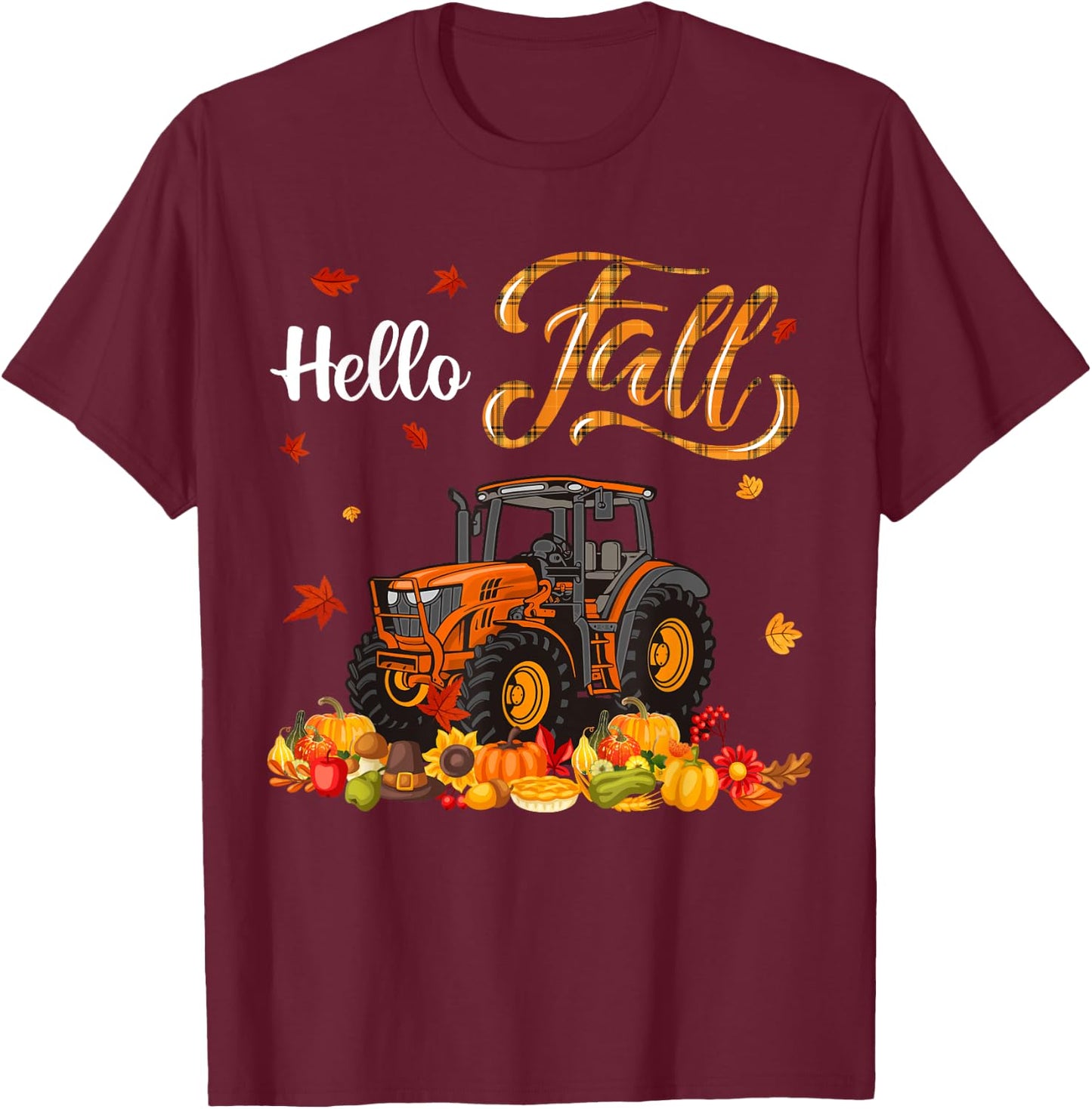 Thanksgiving Fall Orange Plaid Autumn Pumpkins Tractor Lover T-Shirt - T-Shirt | Maroon