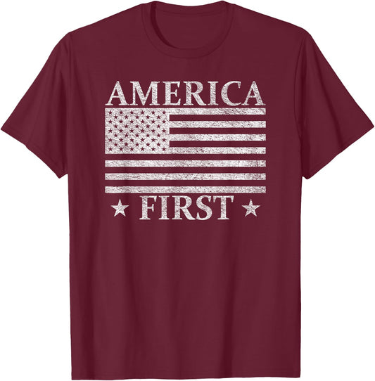 America First Usa American Flag Patriot Stars and Stripes T-Shirt - T-Shirt | Maroon