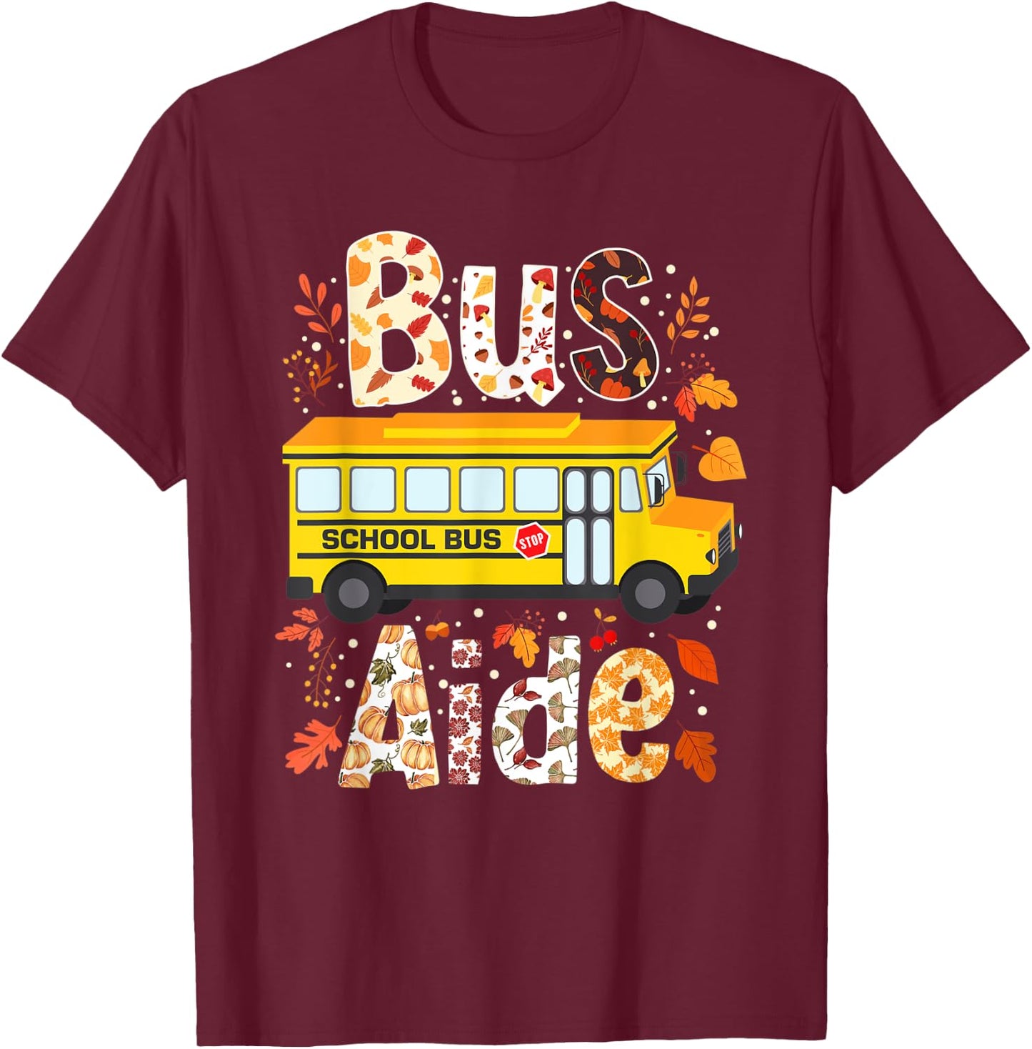 Leopard Pumpkins Bus Driver Fall Bus Aide Thanksgiving T-Shirt - T-Shirt | Maroon