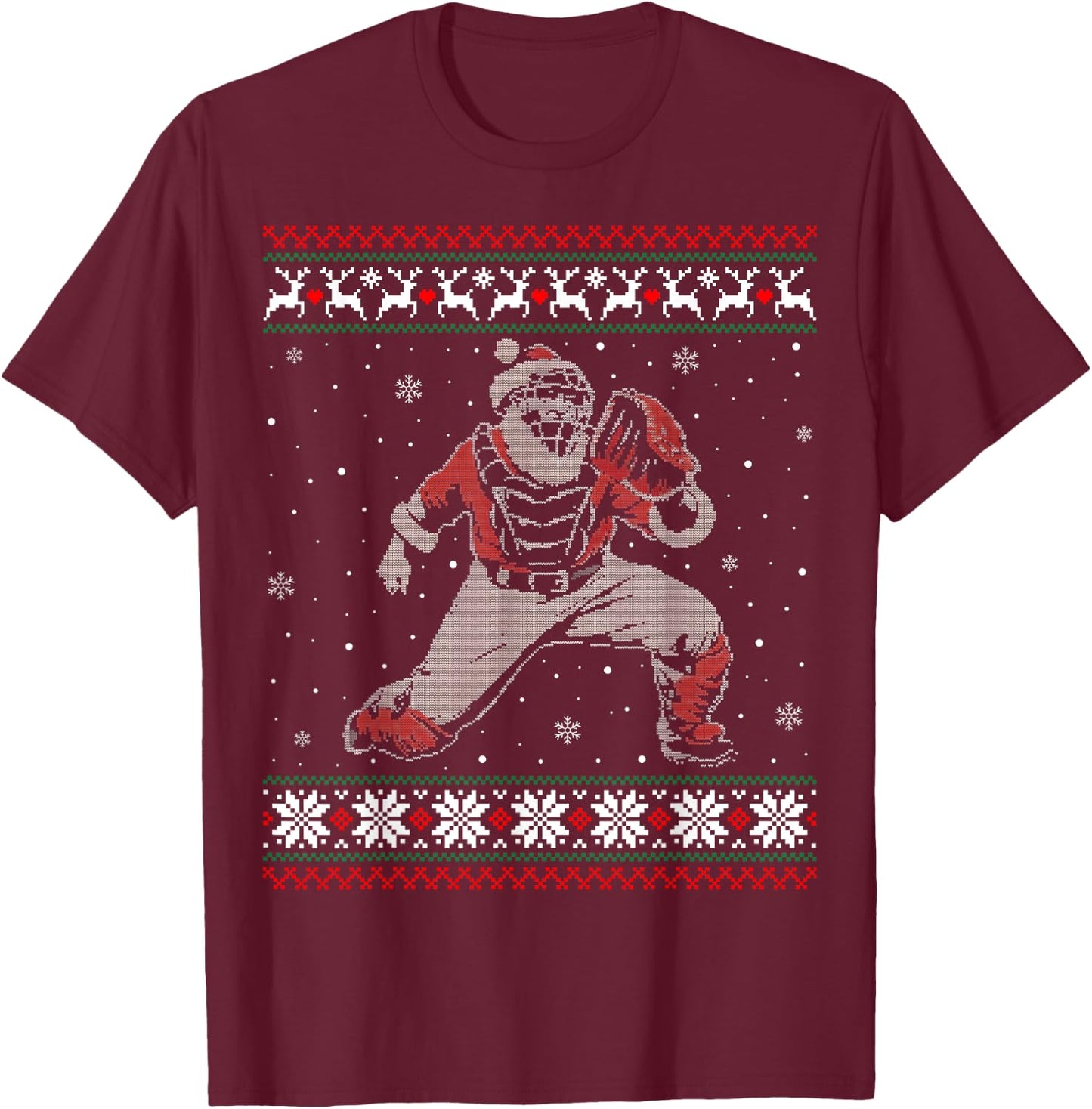 Baseball Catcher Christmas Ugly Sweater Baseball Player T-Shirt - T-Shirt | Maroon
