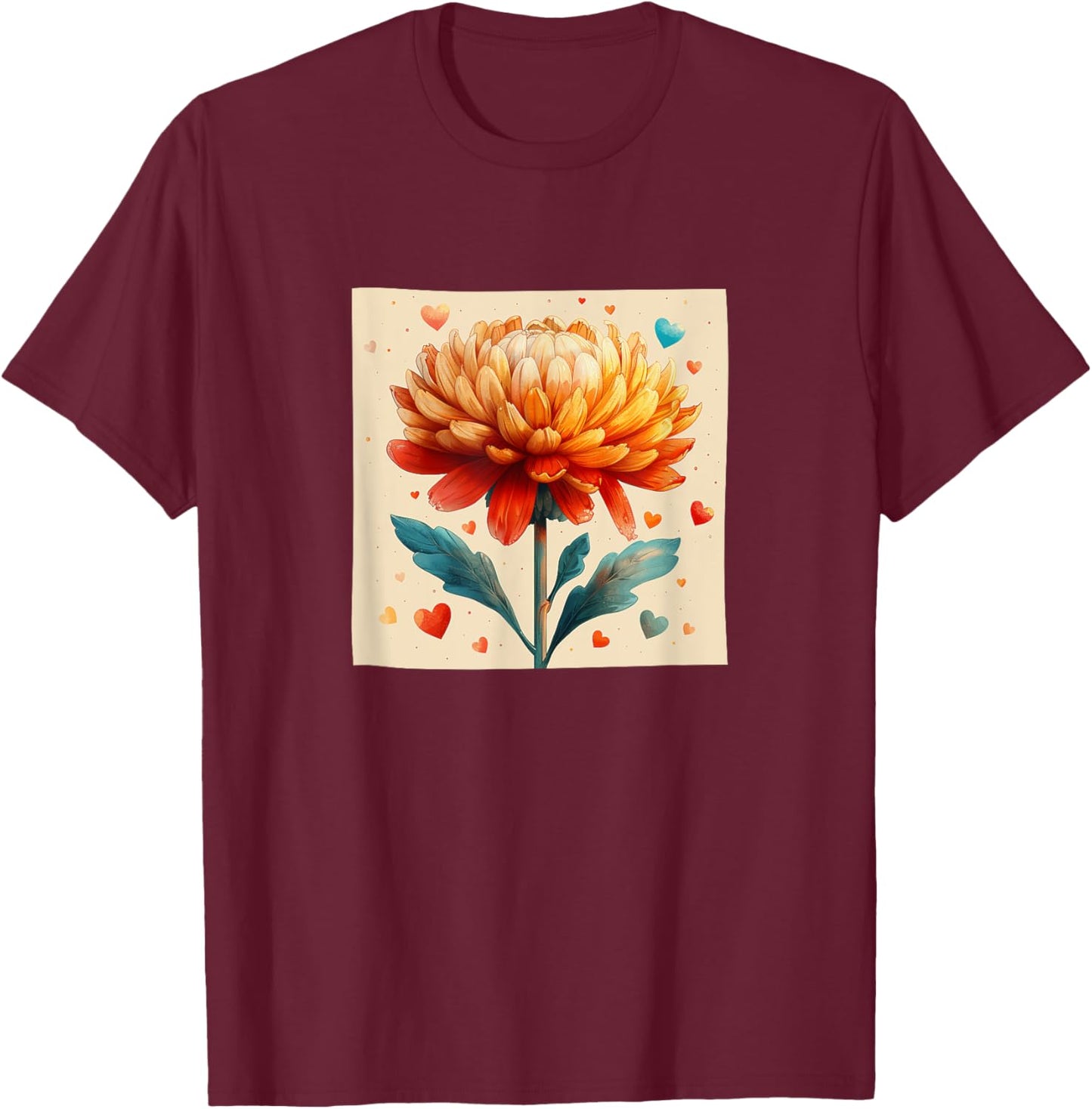 Chrysanthemum Flowers With Hearts Around Boho Graphic T-Shirt - T-Shirt | Maroon