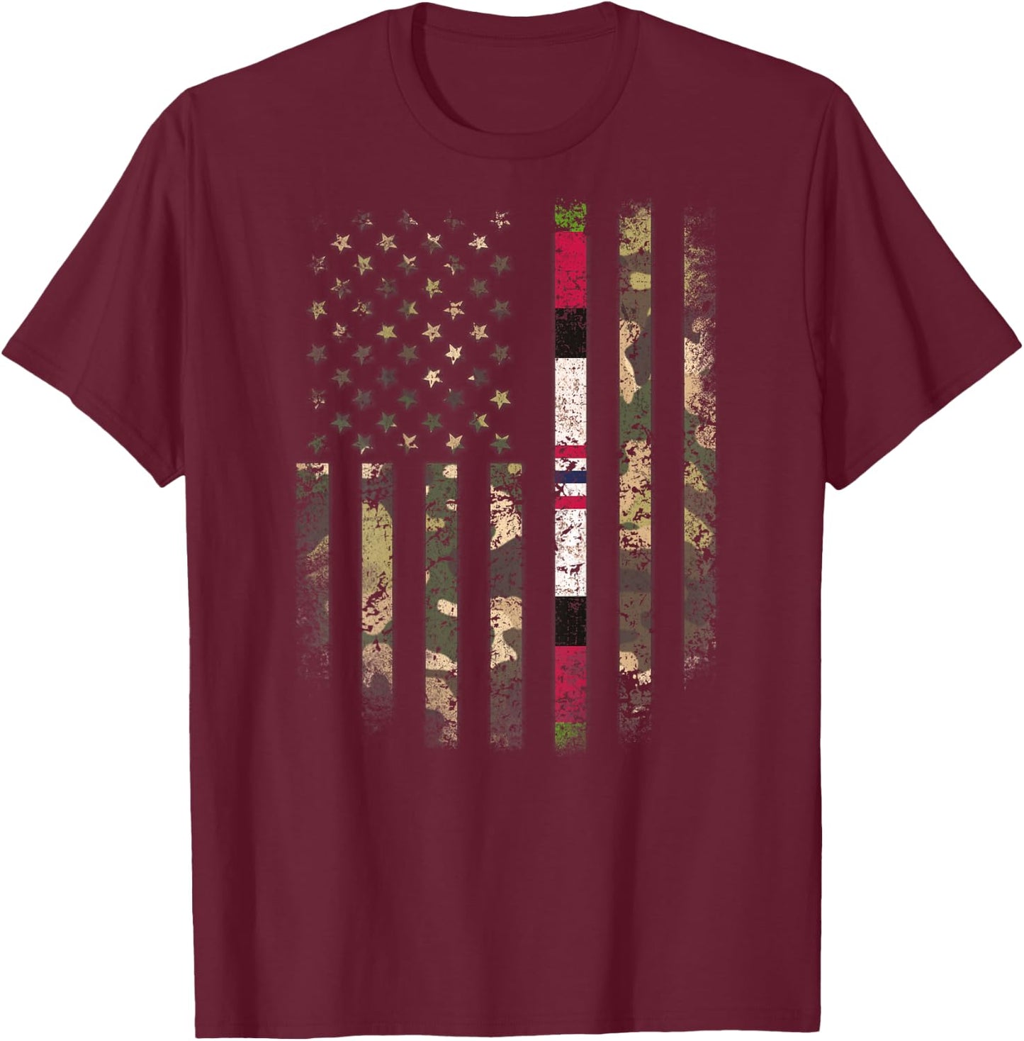 Proud Afghanistan Veteran Camo US Flag Ribbon Military Gifts T-Shirt - T-Shirt | Maroon
